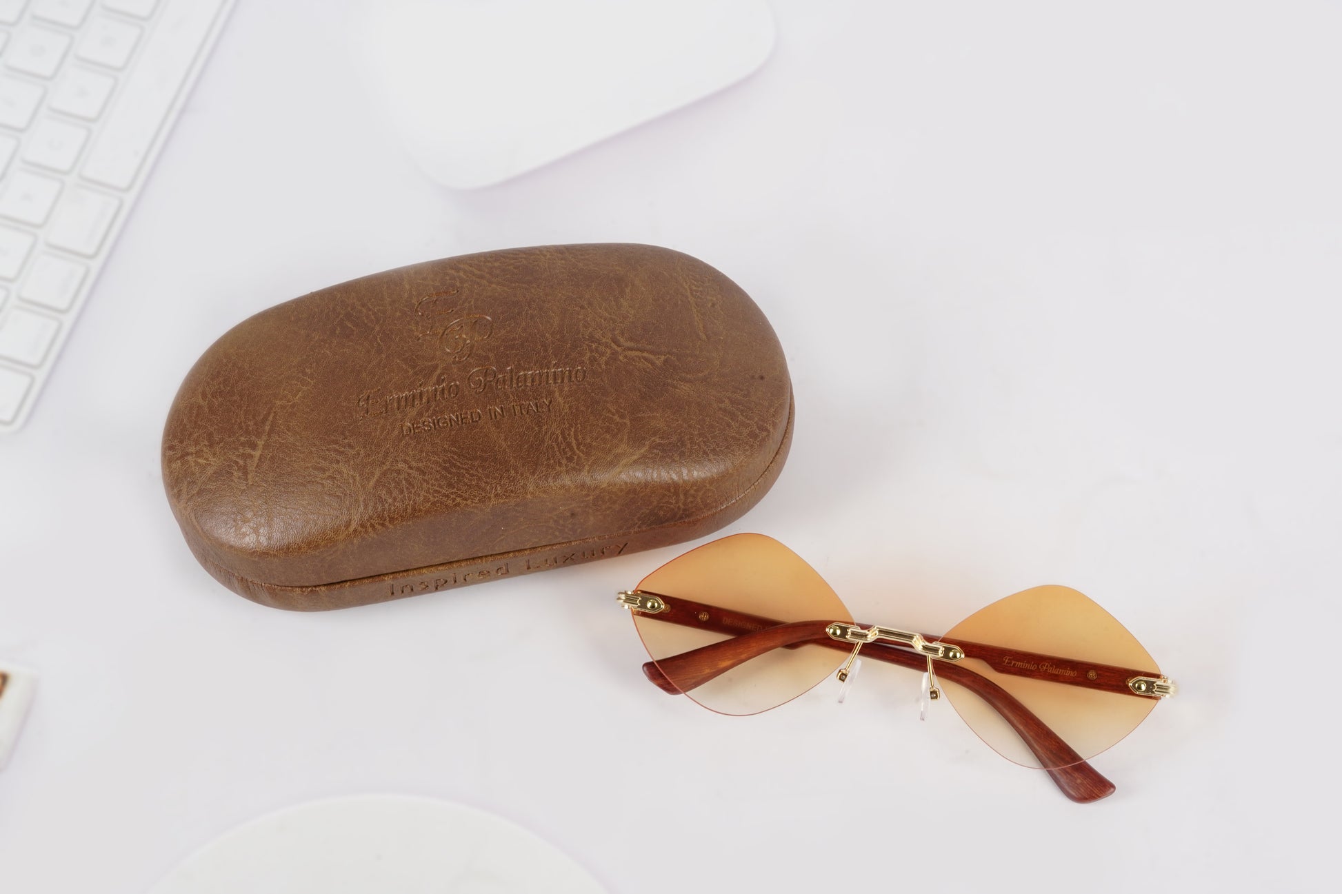 Erminio Palamino "Elite Designer Rimless Sunglasses for Women, Brown Frame with Lenses, Italian Design