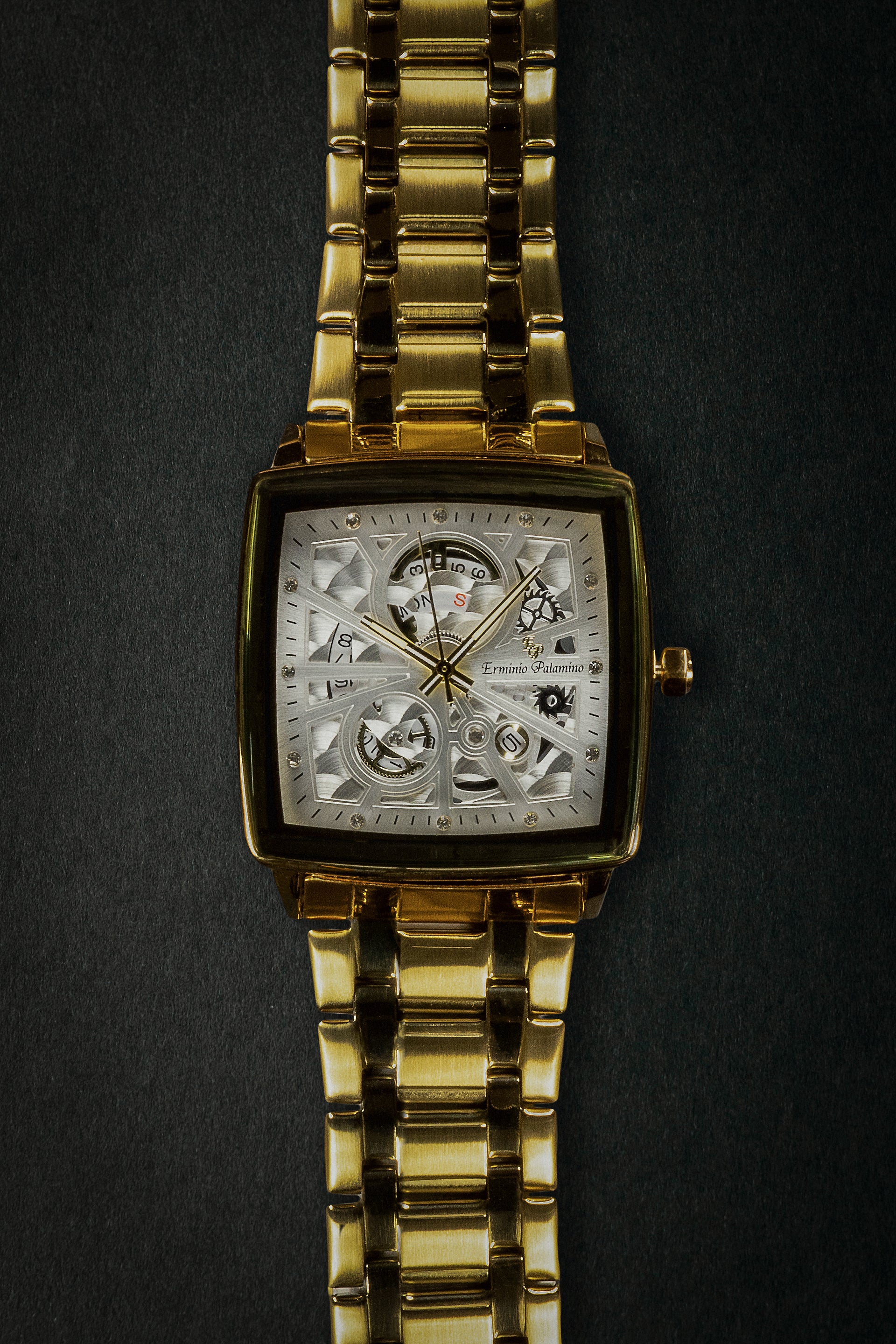 Erminio Palamino Royale - Luxury Skeleton Dial Quartz Square Men's Watch with Day-Date Display Stainless Steel Band, Water Resistant