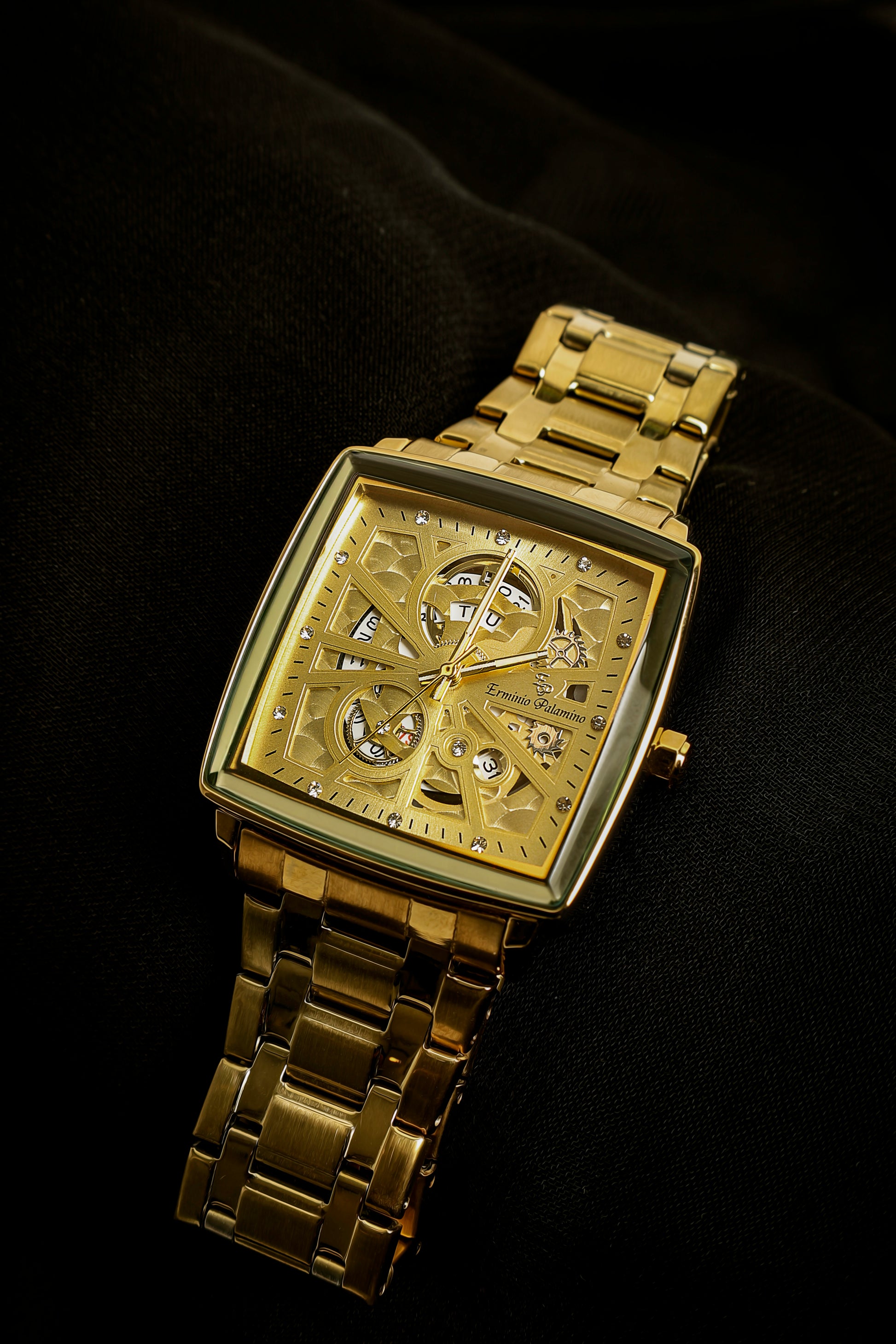 Erminio Palamino Royale - Luxury Skeleton Dial Quartz Square Men's Watch with Day-Date Display Stainless Steel Band, Water Resistant