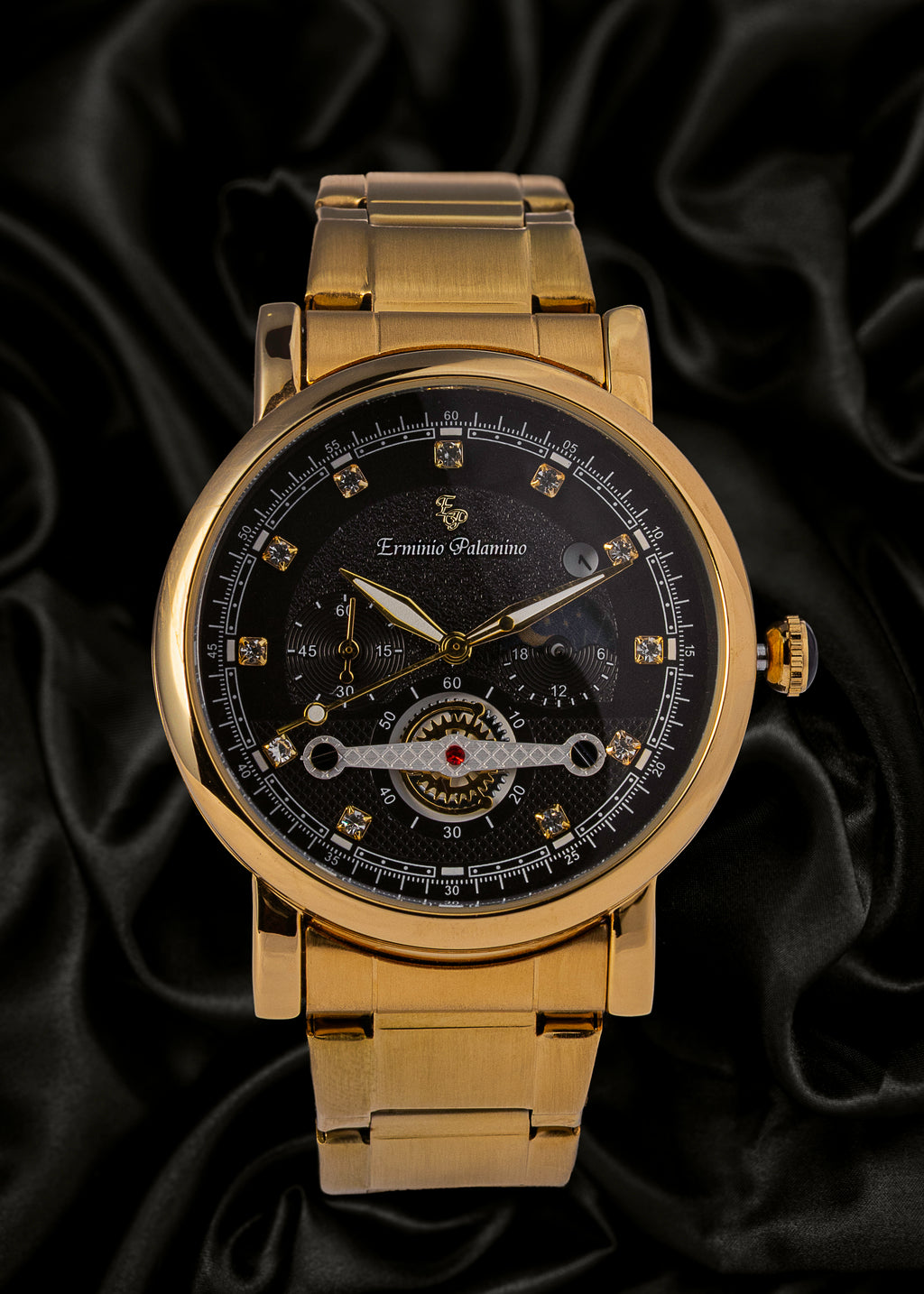 Erminio Palamino Gold-Tone Luxury Watch, Quartz Movement, Dial with Diamond Markers, Stainless Steel Band, Water Resistant