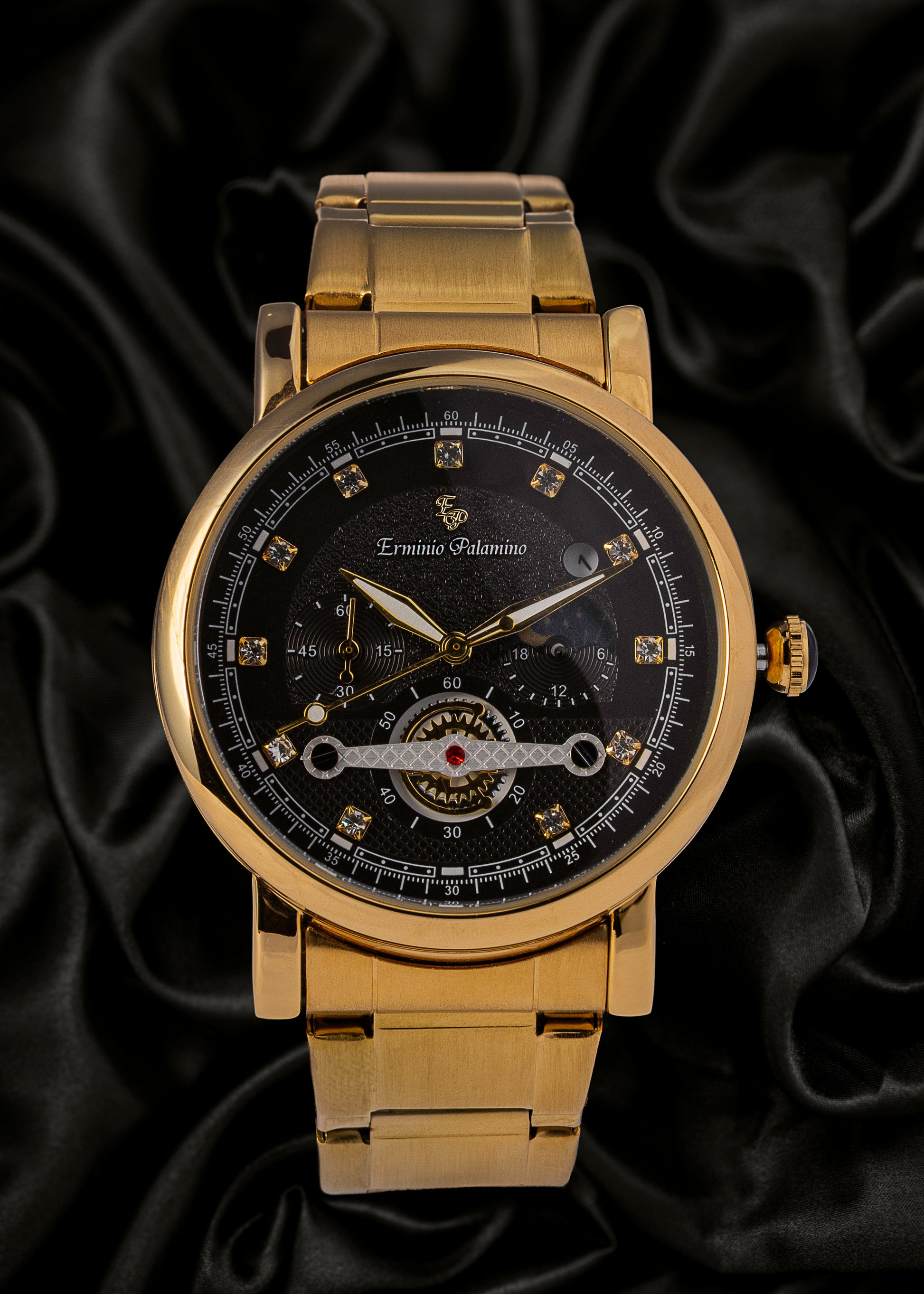 Erminio Palamino Gold-Tone Luxury Watch, Quartz Movement, Dial with Diamond Markers, Stainless Steel Band, Water Resistant