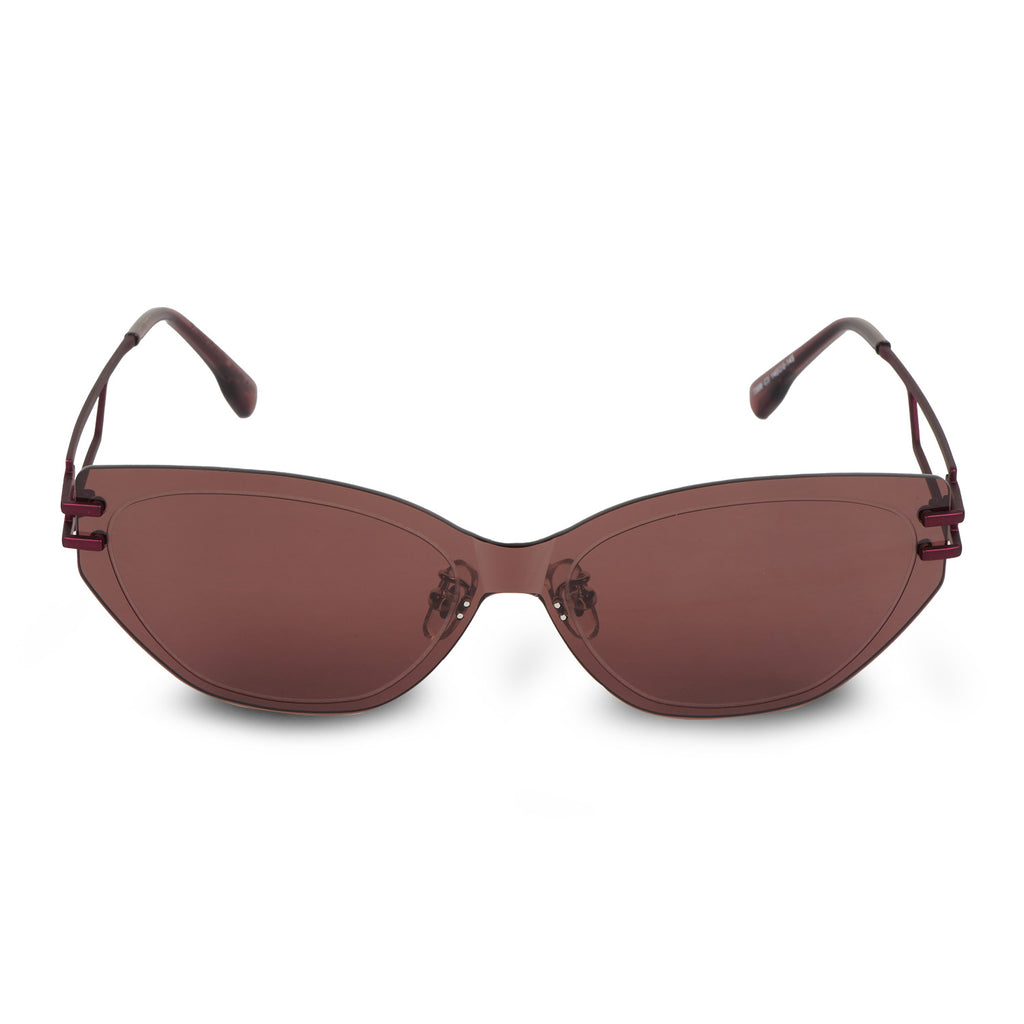 Erminio Palamino Unisex Rimless Cat-Eye Sunglasses, Brown Tinted Lens, Burgundy Metal Frame, Geometric Temple Design