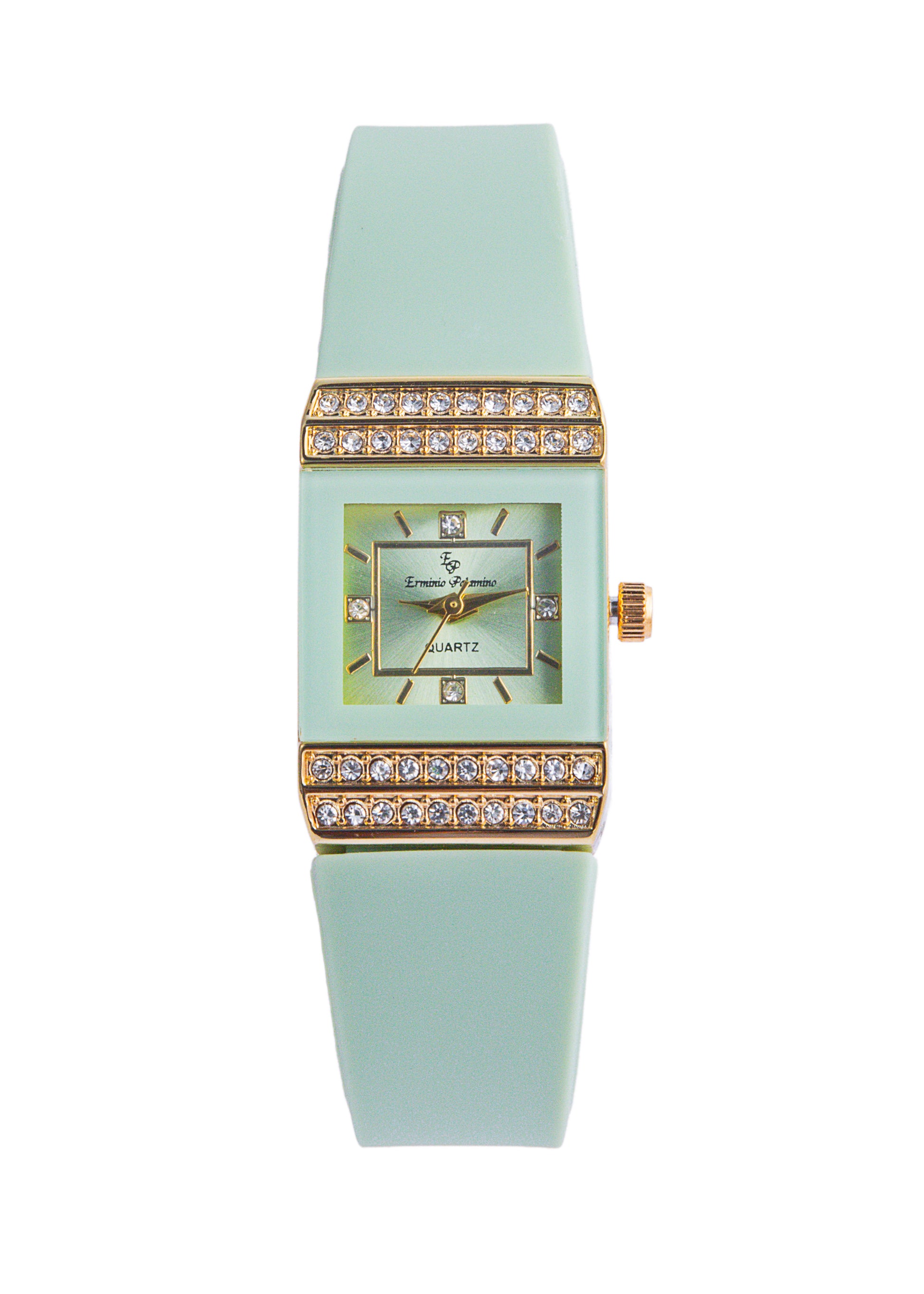 Erminio Palamino Ladies Luxury Quartz Watch, Gold-Tone Crystal Embellished, Vintage Square, Silicone Strap, Water Resistant