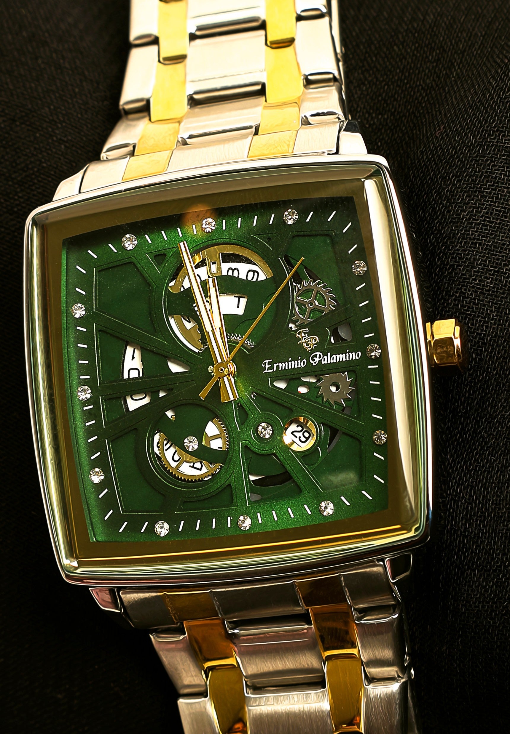Erminio Palamino Royale - Luxury Skeleton Dial Quartz Square Men's Watch with Day-Date Display Stainless Steel Band, Water Resistant