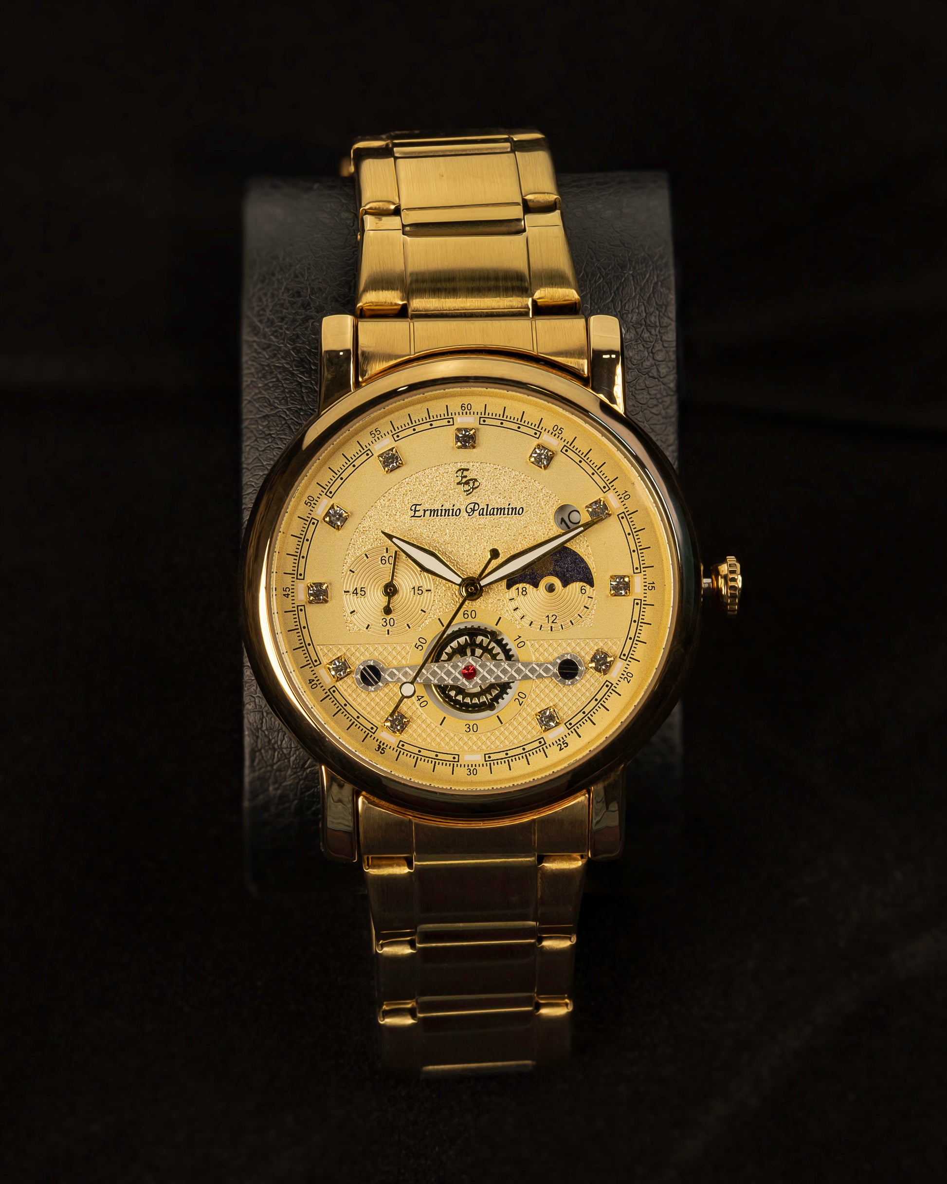 Erminio Palamino Gold-Tone Luxury Watch, Quartz Movement, Dial with Diamond Markers, Stainless Steel Band, Water Resistant