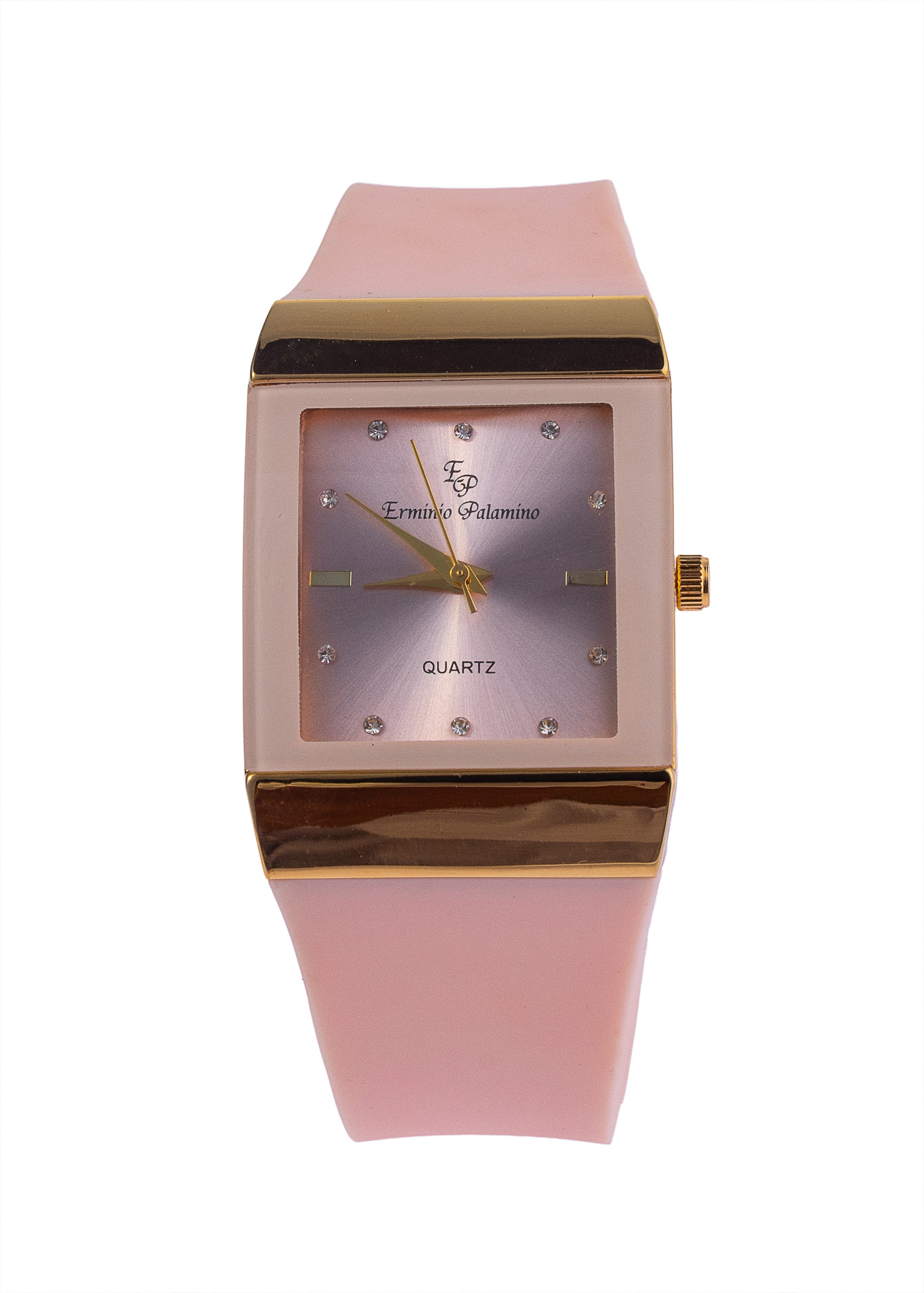 Erminio Palamino Ladies Rectagle Quartz Watch, Silicone Band, Gold-Tone Accents, Crystal Markers, Water Resistant