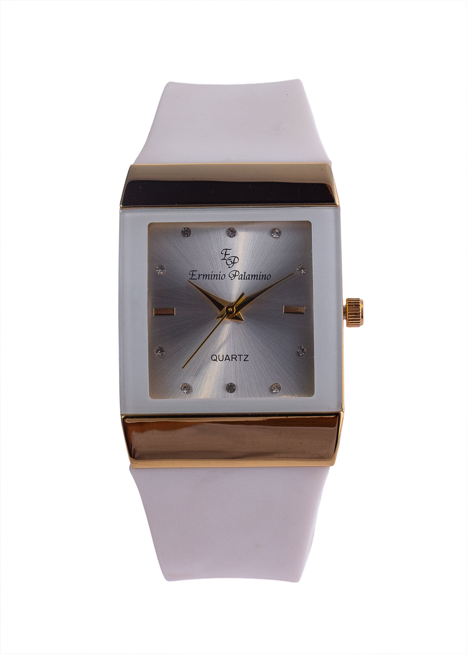 Erminio Palamino Ladies Rectagle Quartz Watch, Silicone Band, Gold-Tone Accents, Crystal Markers, Water Resistant