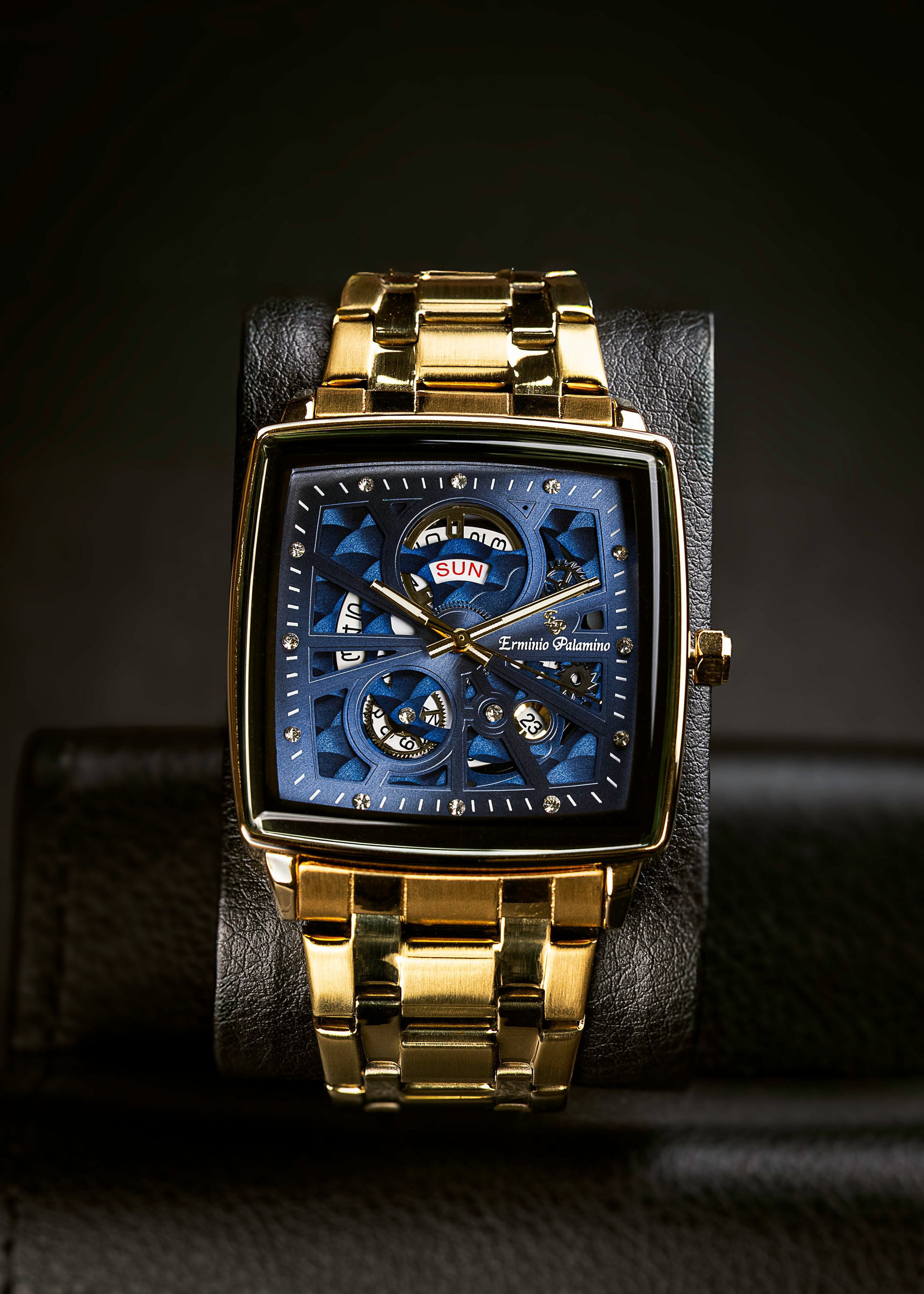 Erminio Palamino Royale - Luxury Skeleton Dial Quartz Square Men's Watch with Day-Date Display Stainless Steel Band, Water Resistant