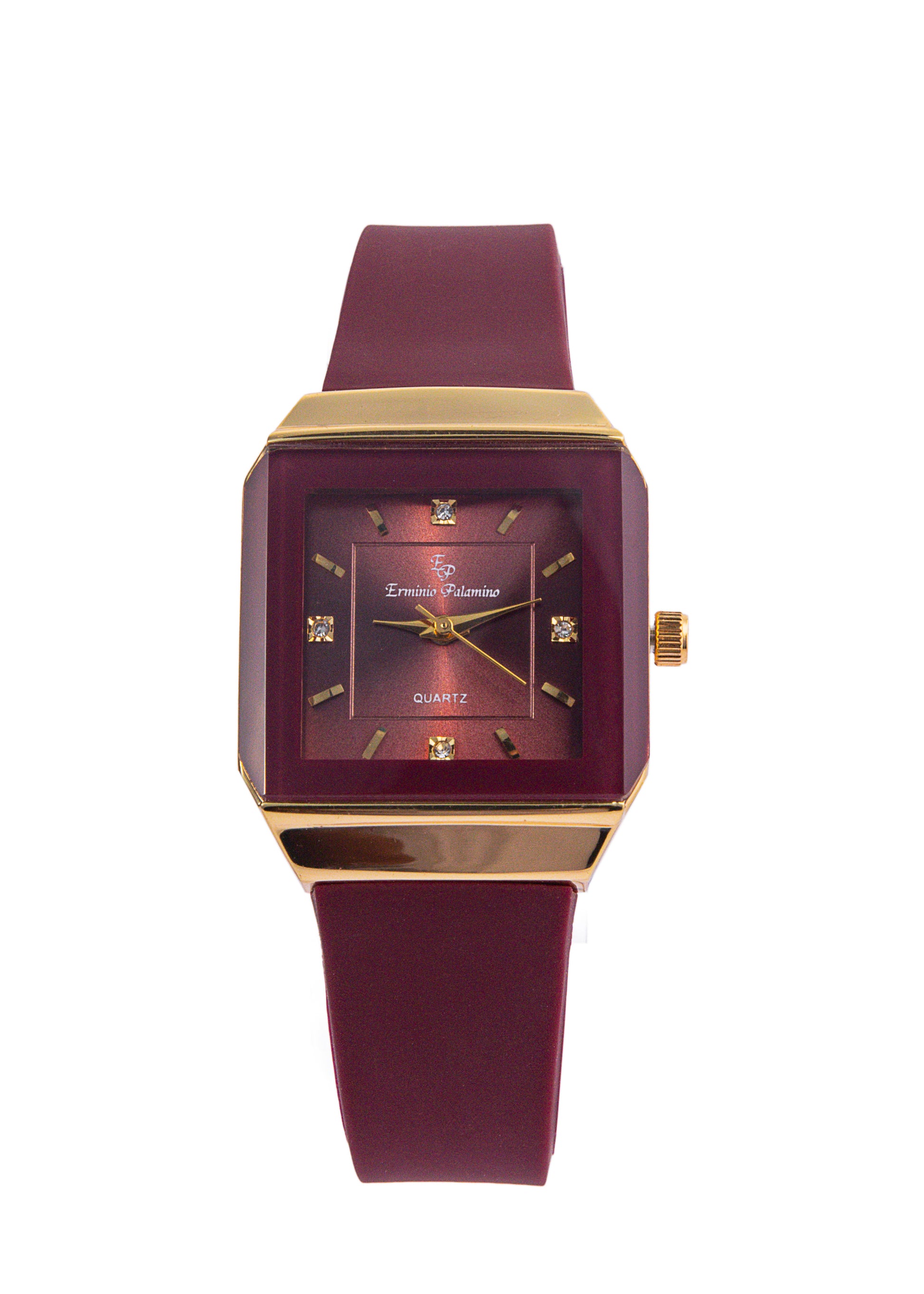 Erminio Palamino Ladies Elegant Square Quartz Watch, Slicone Band, Gold-Tone Case, Crystal Accents, Water Resistant