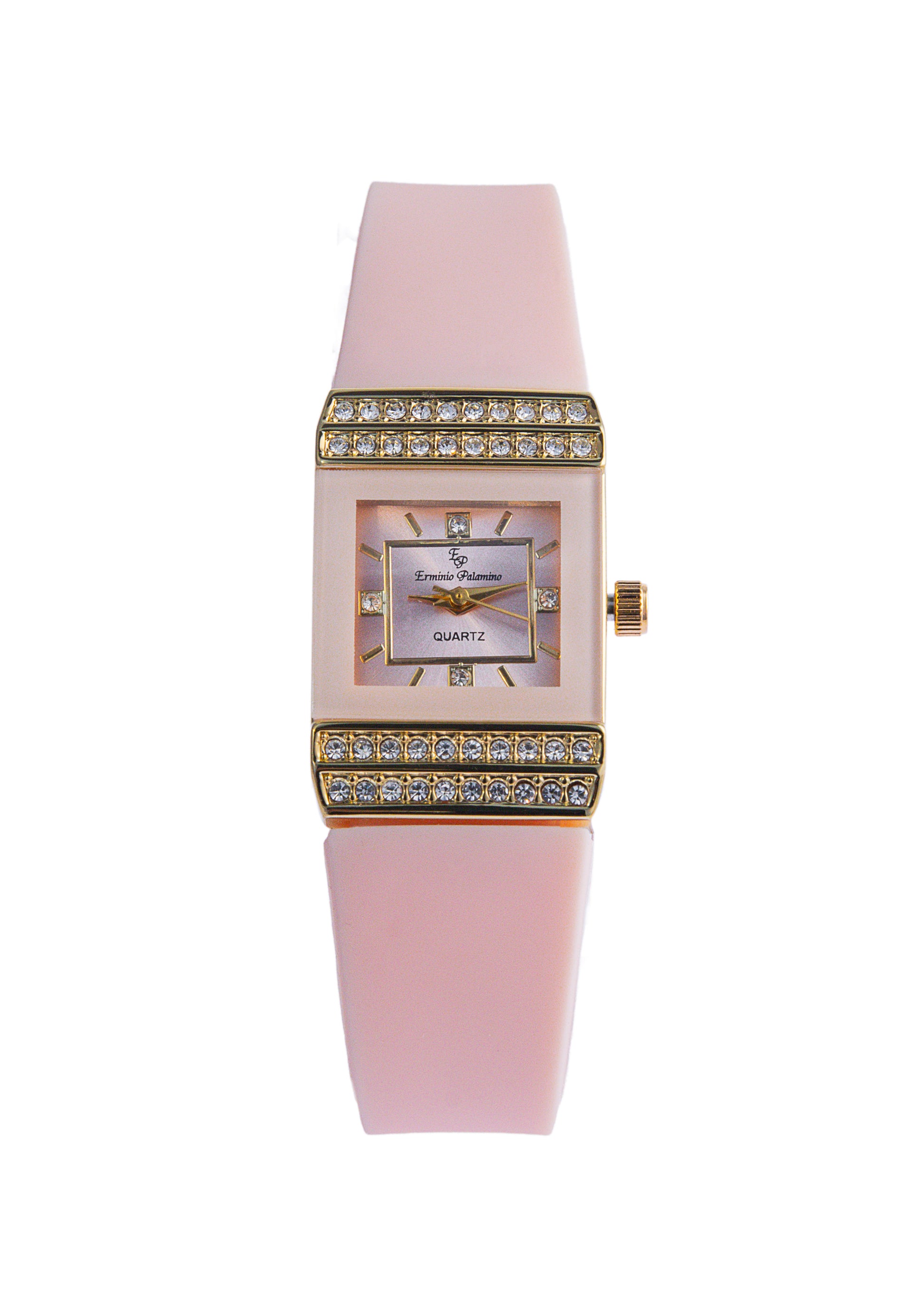 Erminio Palamino Ladies Luxury Quartz Watch, Gold-Tone Crystal Embellished, Vintage Square, Silicone Strap, Water Resistant