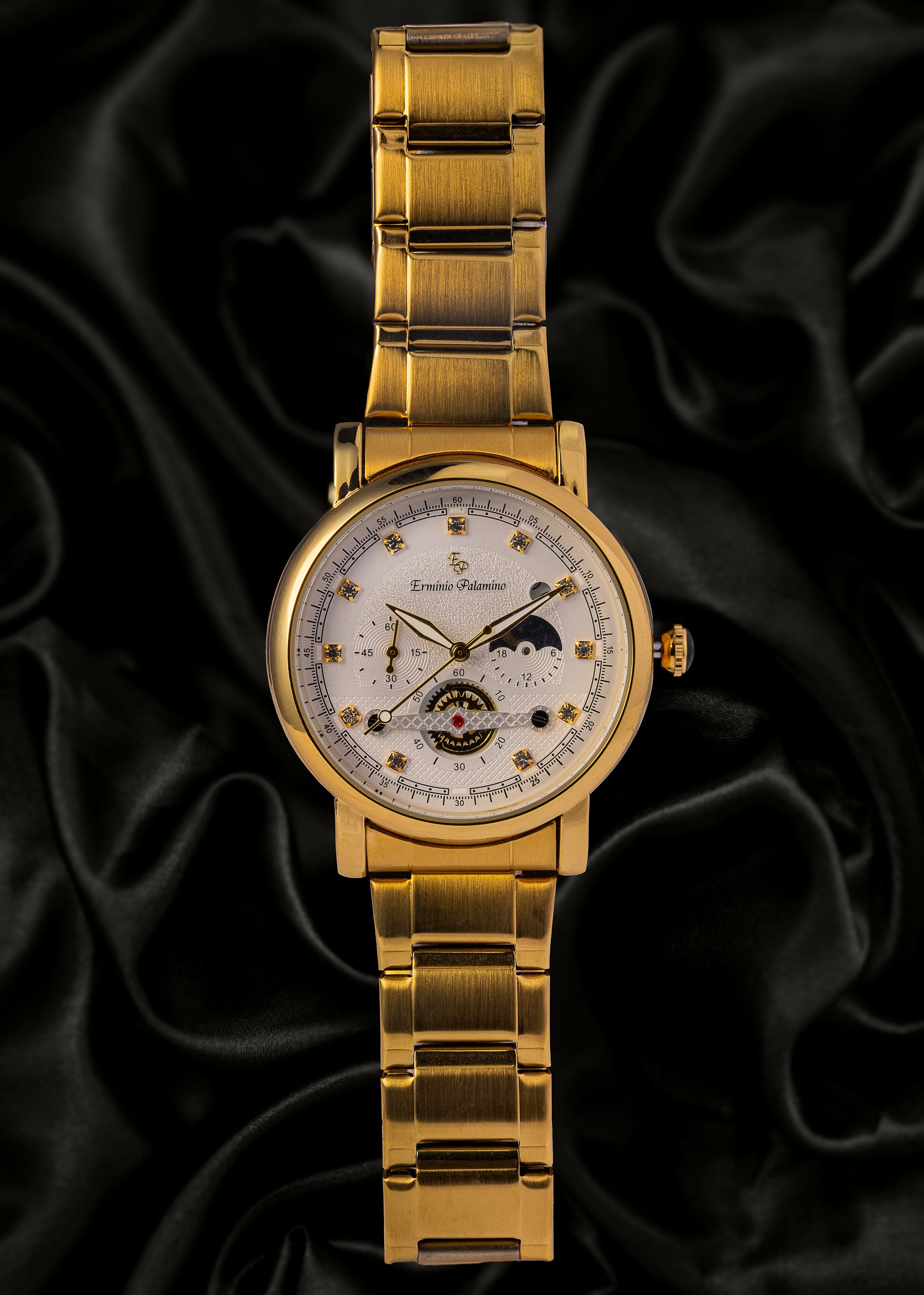 Erminio Palamino Gold-Tone Luxury Watch, Quartz Movement, Dial with Diamond Markers, Stainless Steel Band, Water Resistant