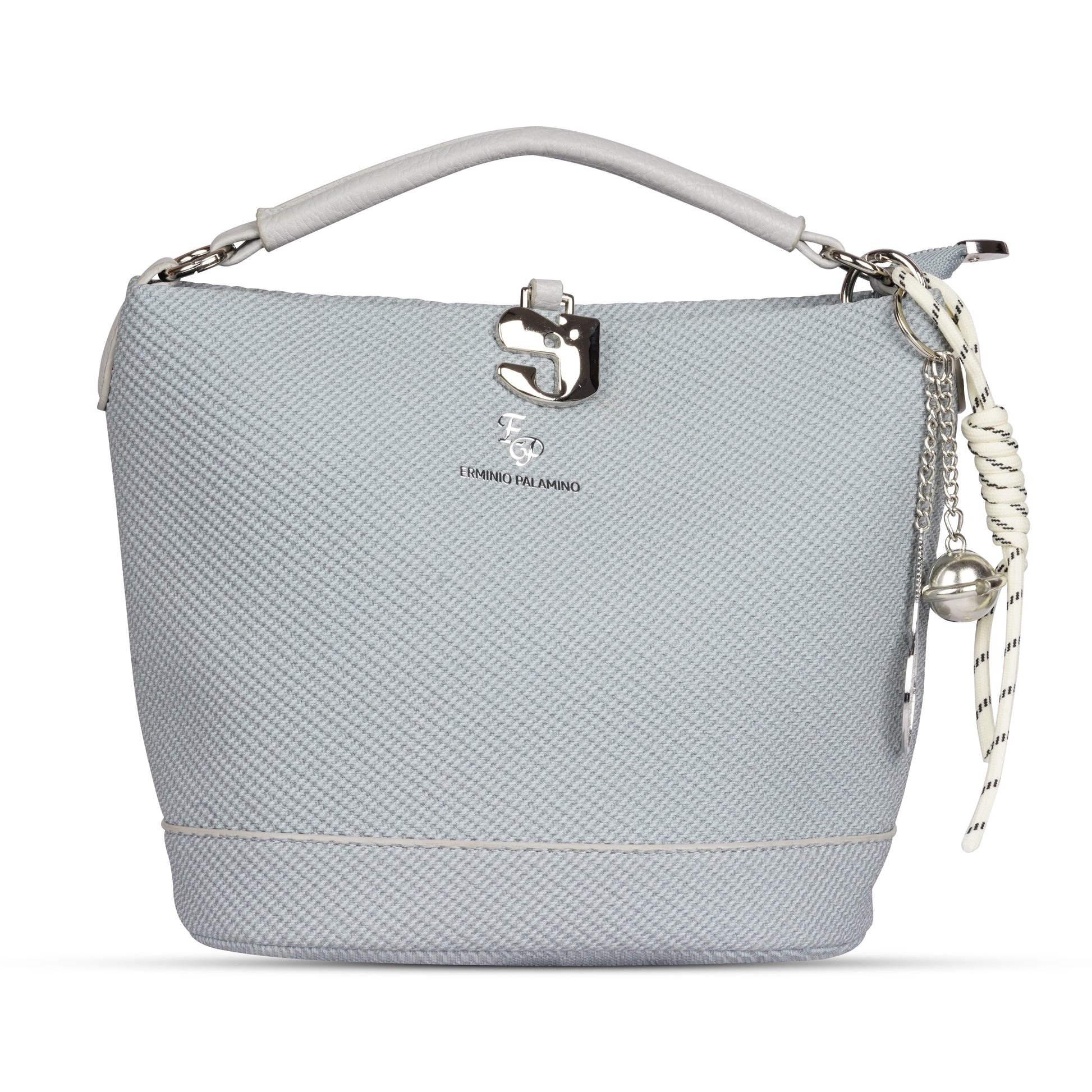 Erminio Palamino Designer Hobo Handbag, Textured Fabric, Silver Hardware with Decorative Charms