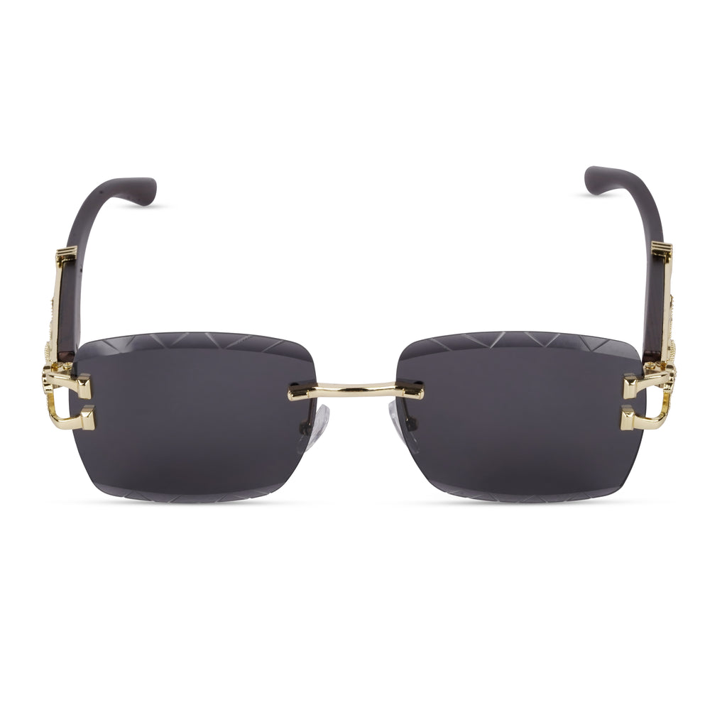 Erminio Palamino "Elite Designer Rimless Sunglasses with Gold Accents, Black Frame, Dark Lenses, Luxury Case