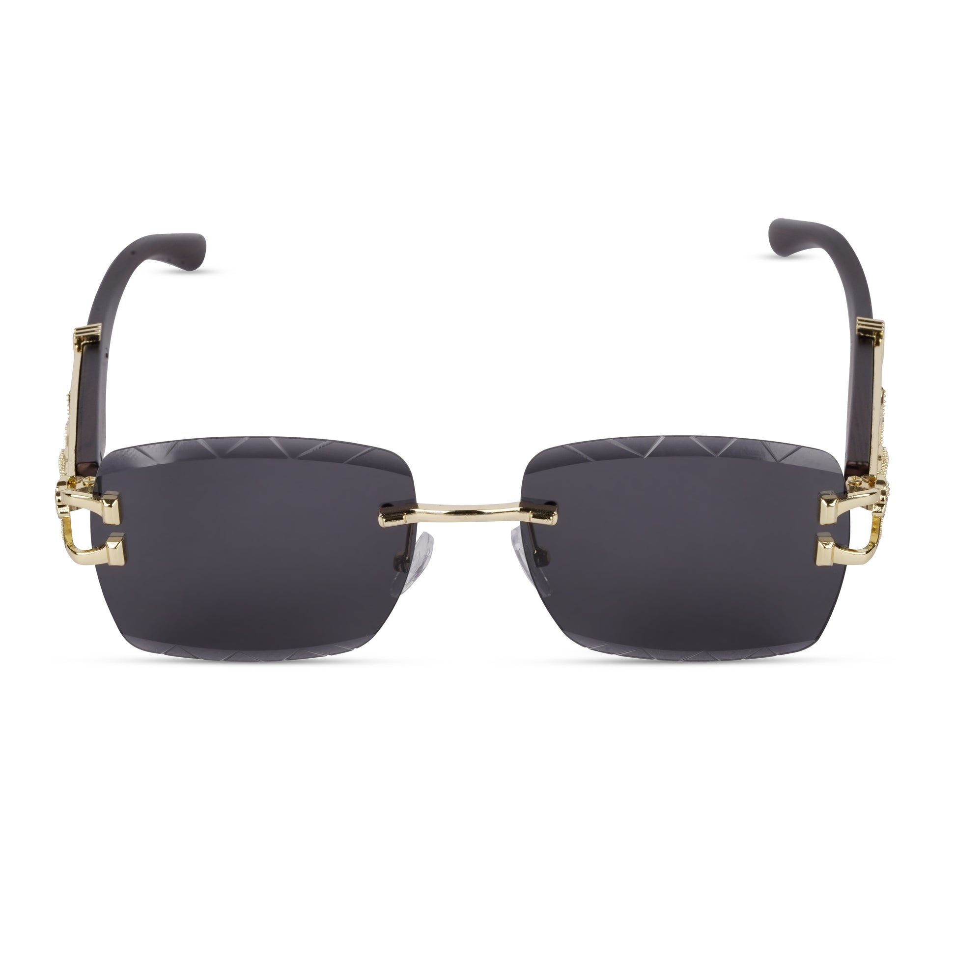 Erminio Palamino "Elite Designer Rimless Sunglasses with Gold Accents, Black Frame, Dark Lenses, Luxury Case