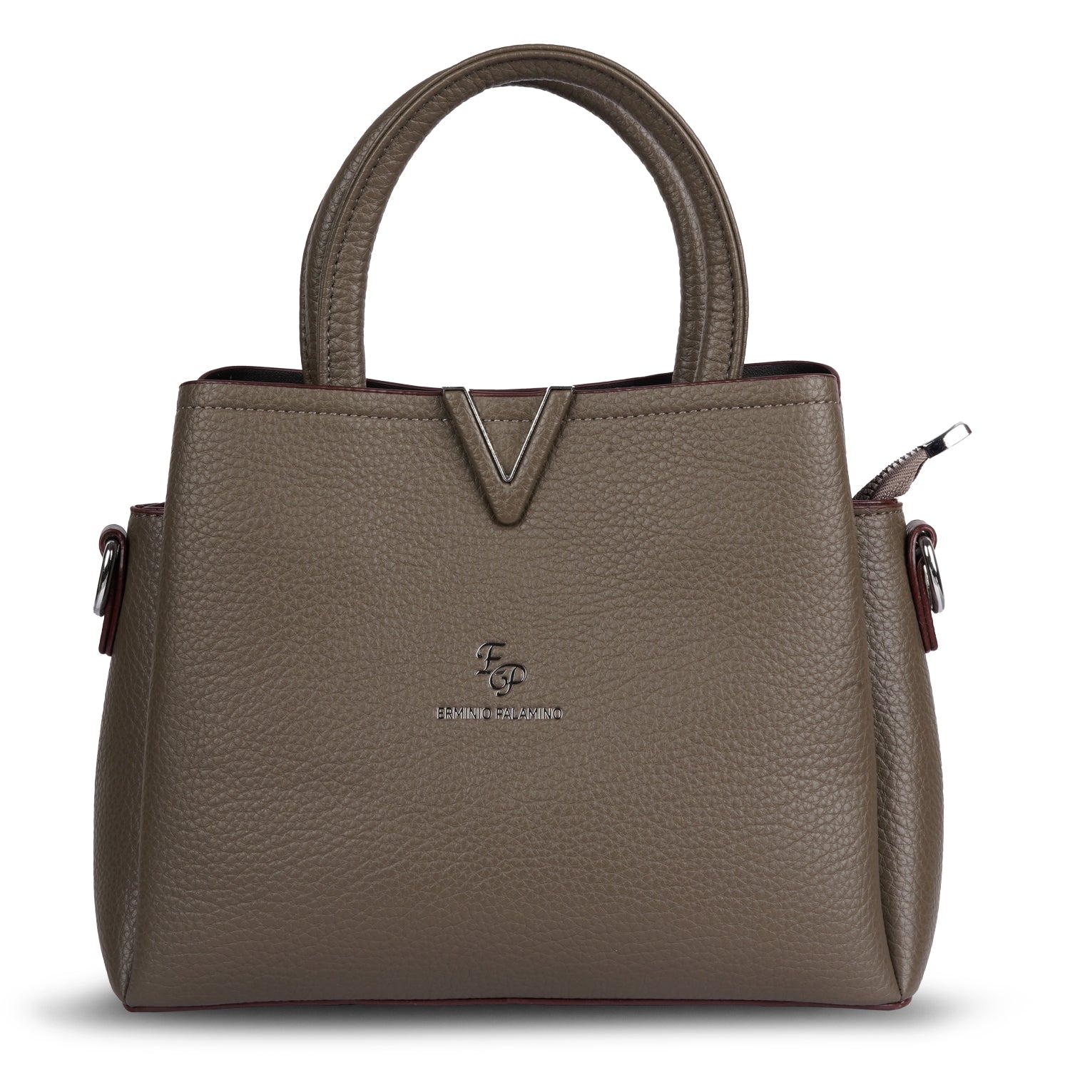 Erminio Palamino Premium Leather Handbag, Textured Tote with V-Detail, Double Handle Shoulder Bag with Zip Closure
