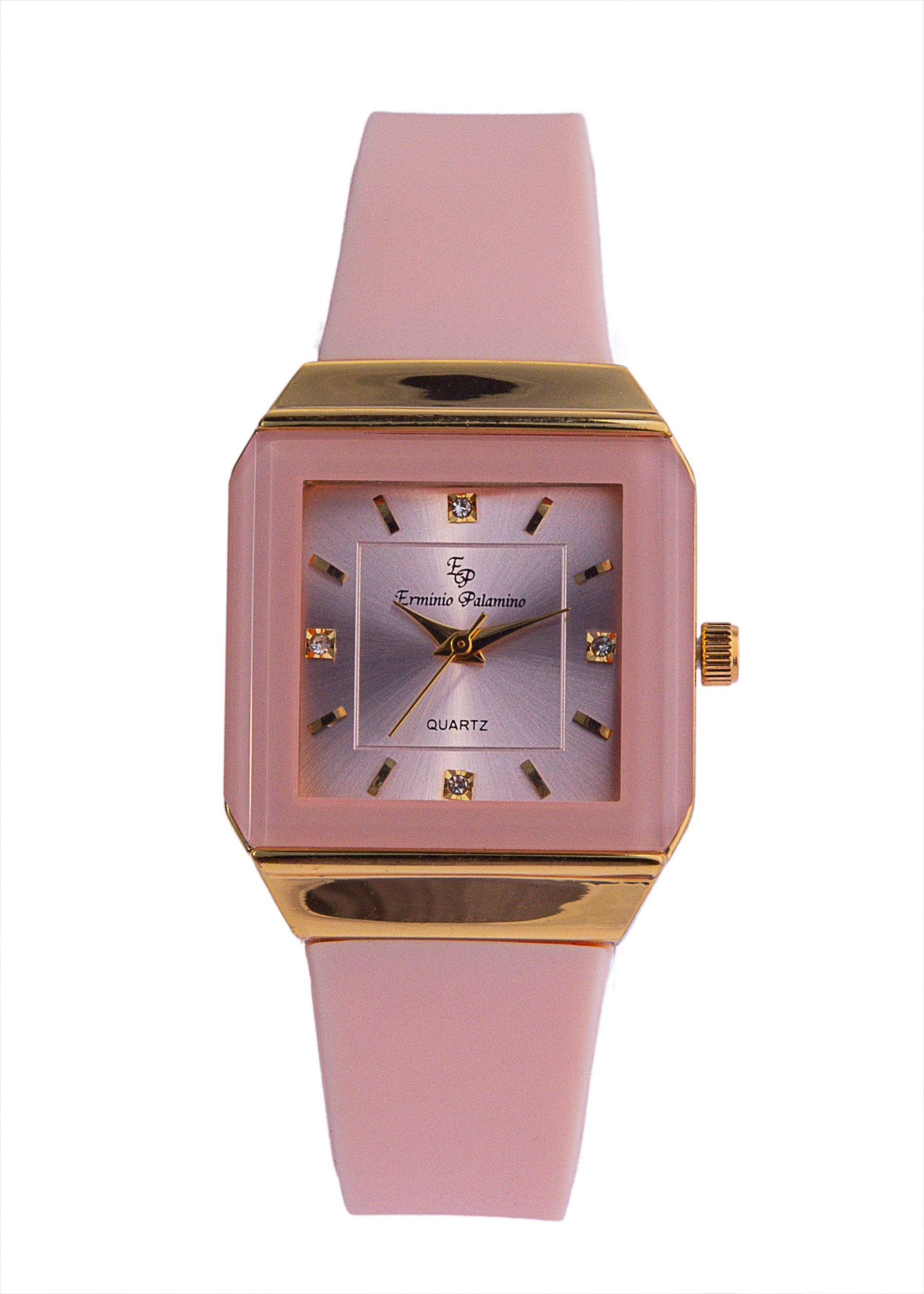 Erminio Palamino Ladies Elegant Square Quartz Watch, Slicone Band, Gold-Tone Case, Crystal Accents, Water Resistant