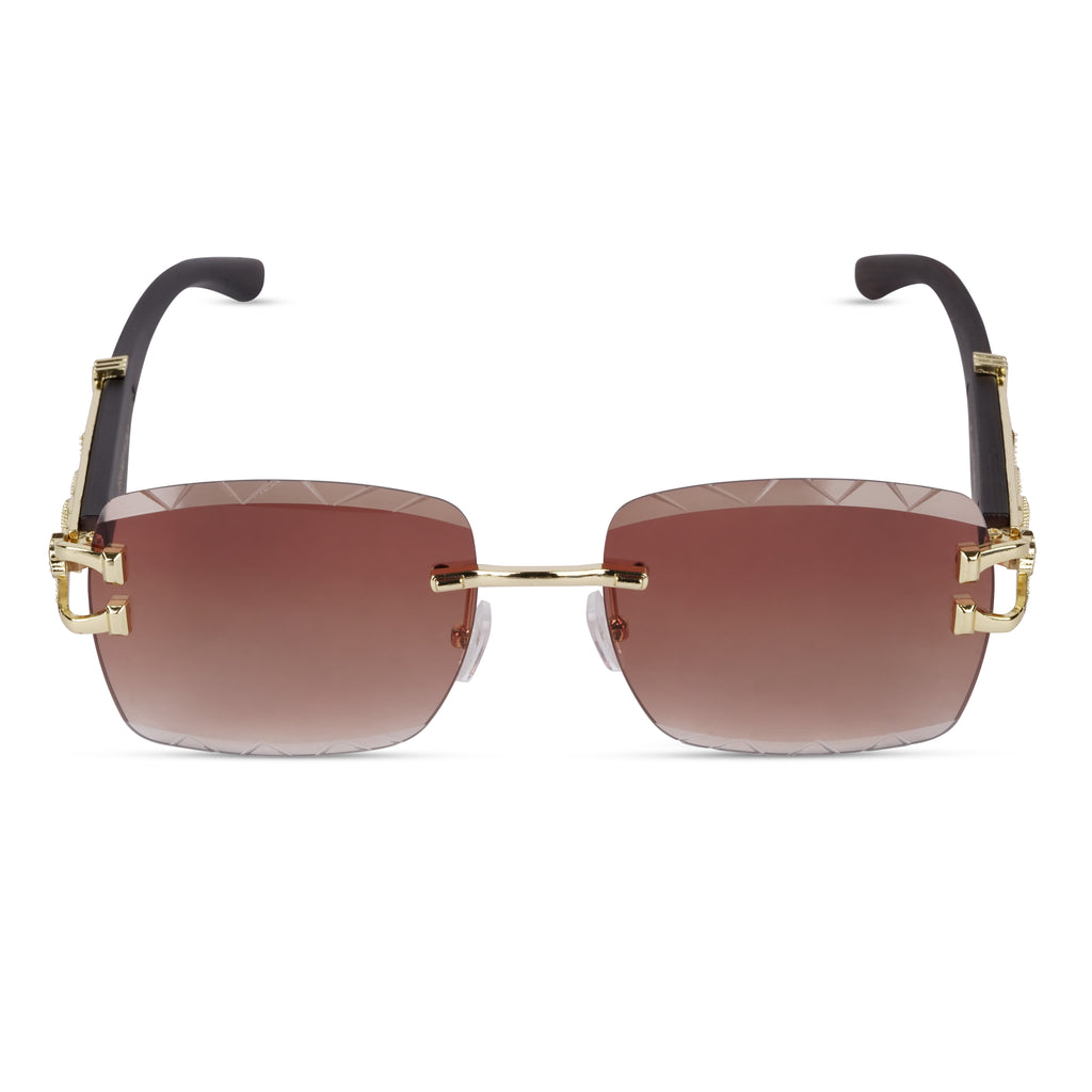 Erminio Palamino "Elite Designer Rimless Sunglasses with Gold Accents, Black Frame, Dark Lenses, Luxury Case