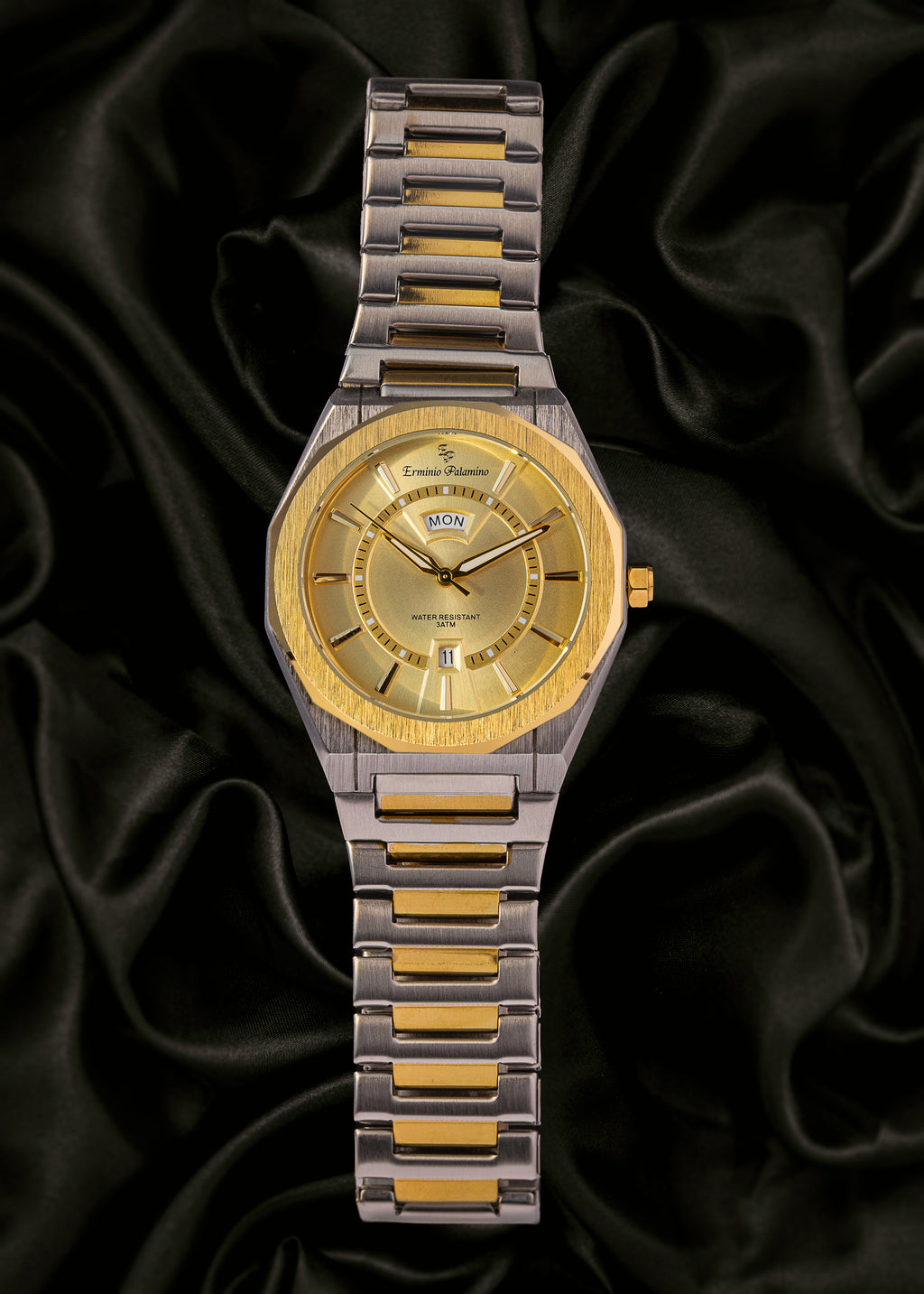 Erminio Palamino Royale Men's Luxury Watch, Two-Tone Gold and Silver, Textured Dial with Date Display, Water Resistant