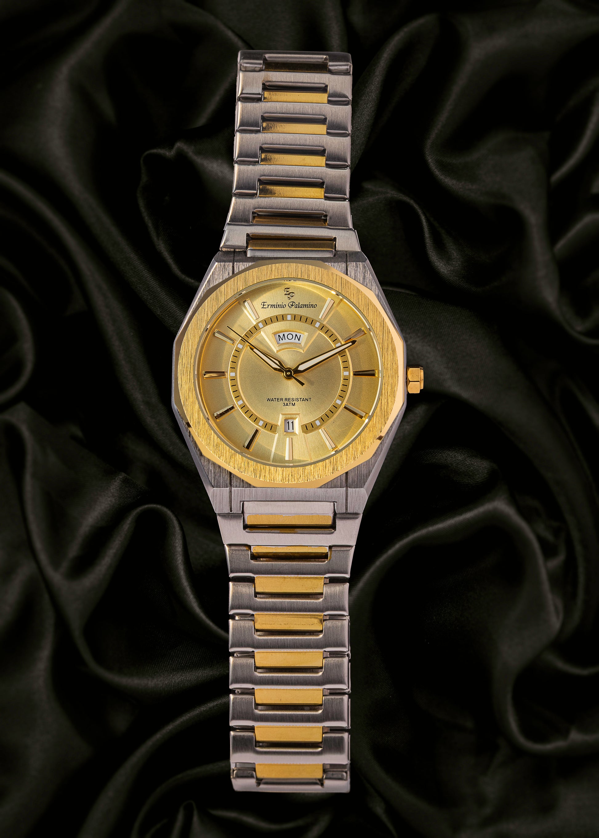 Erminio Palamino Royale Men's Luxury Watch, Two-Tone Gold and Silver, Textured Dial with Date Display, Water Resistant