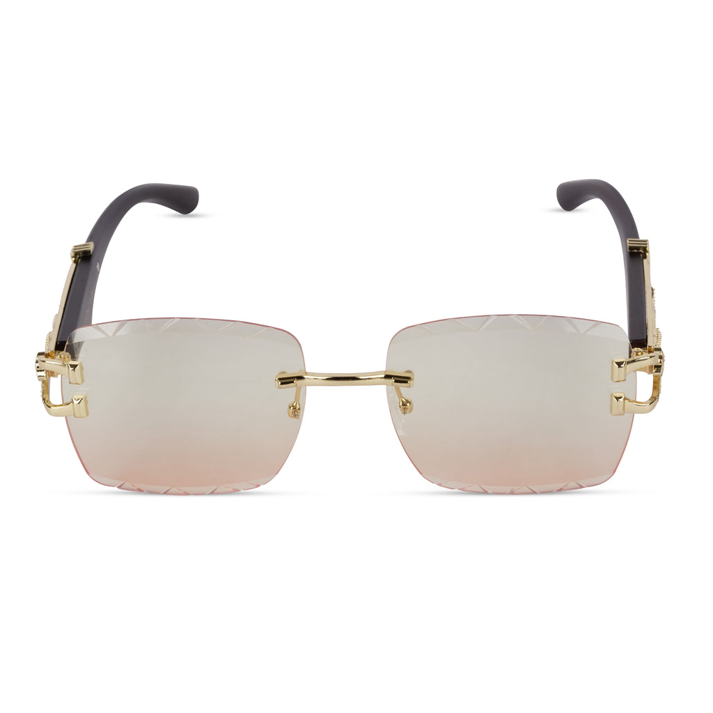 Erminio Palamino "Elite Designer Rimless Sunglasses with Gold Accents, Black Frame, Dark Lenses, Luxury Case