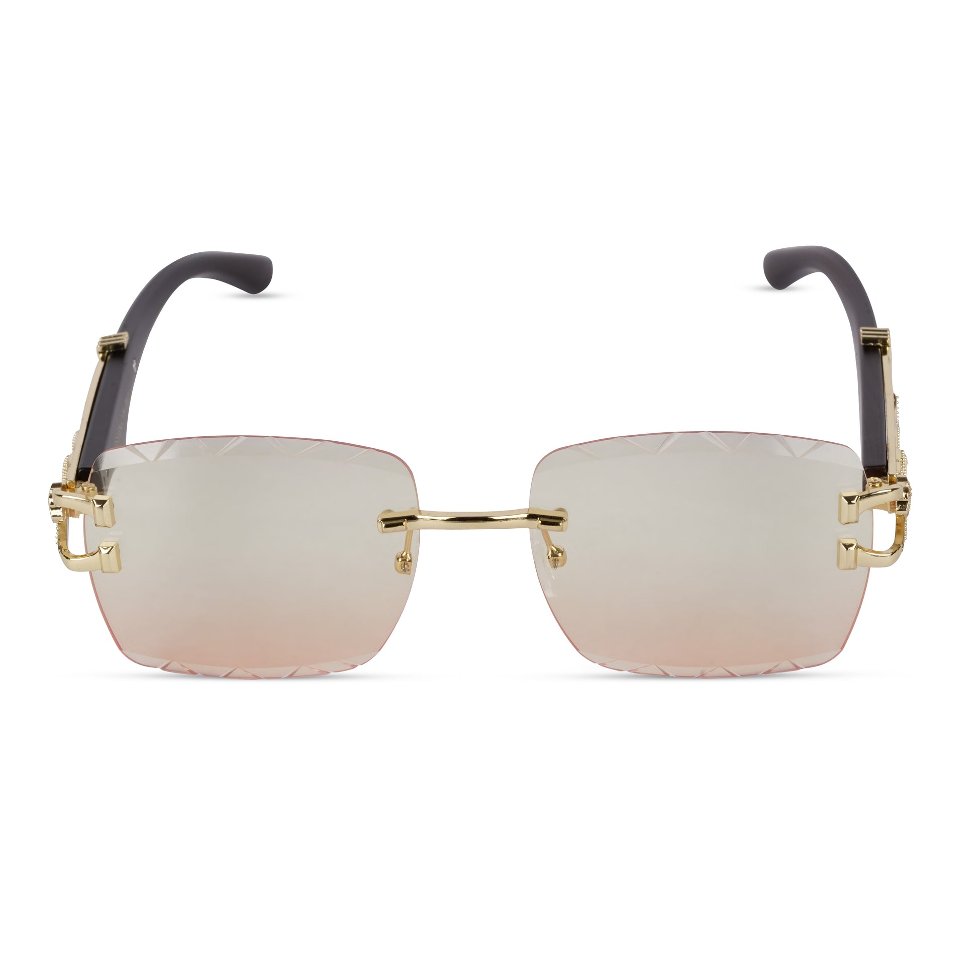 Erminio Palamino "Elite Designer Rimless Sunglasses with Gold Accents, Black Frame, Dark Lenses, Luxury Case