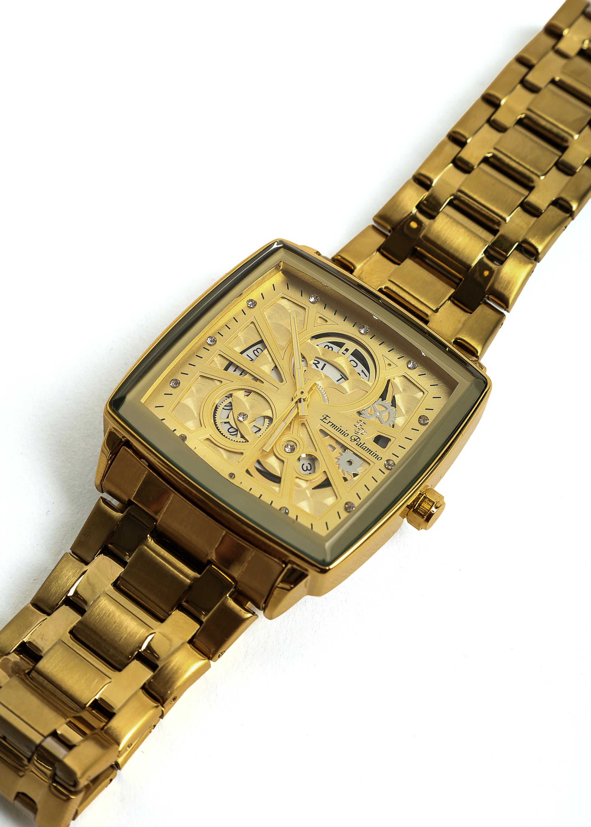 Erminio Palamino Royale - Luxury Skeleton Dial Quartz Square Men's Watch with Day-Date Display Stainless Steel Band, Water Resistant