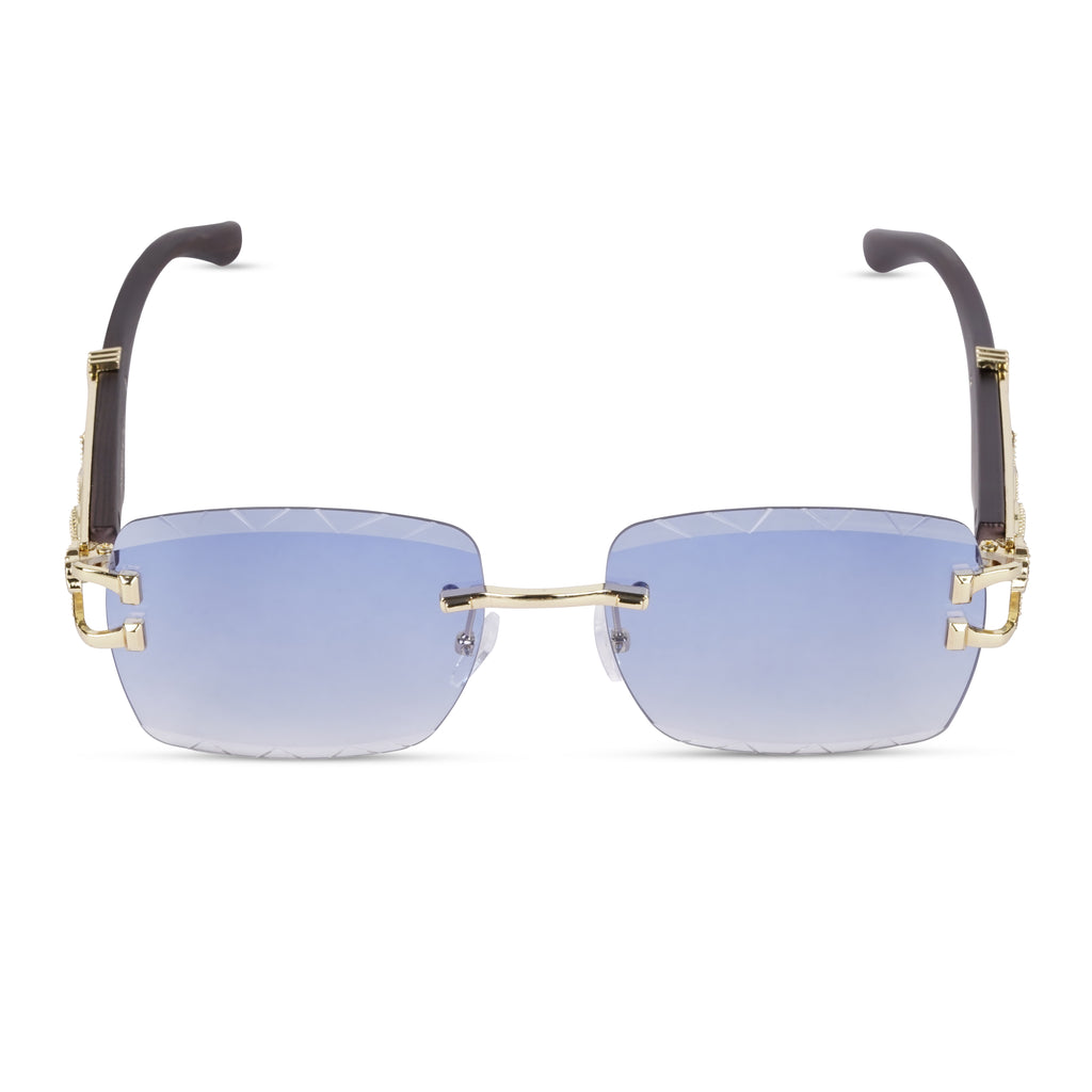 Erminio Palamino "Elite Designer Rimless Sunglasses with Gold Accents, Black Frame, Dark Lenses, Luxury Case