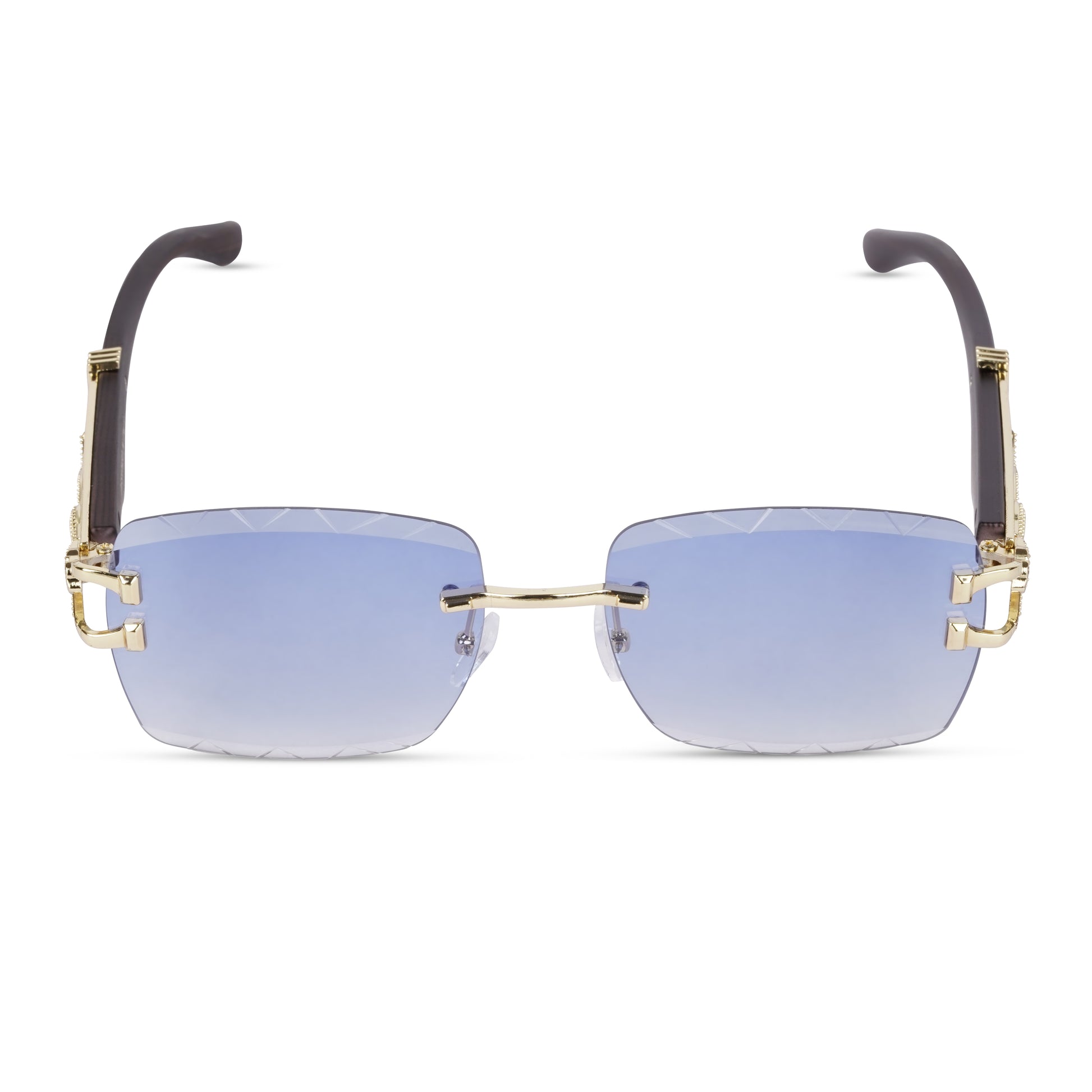 Erminio Palamino "Elite Designer Rimless Sunglasses with Gold Accents, Black Frame, Dark Lenses, Luxury Case