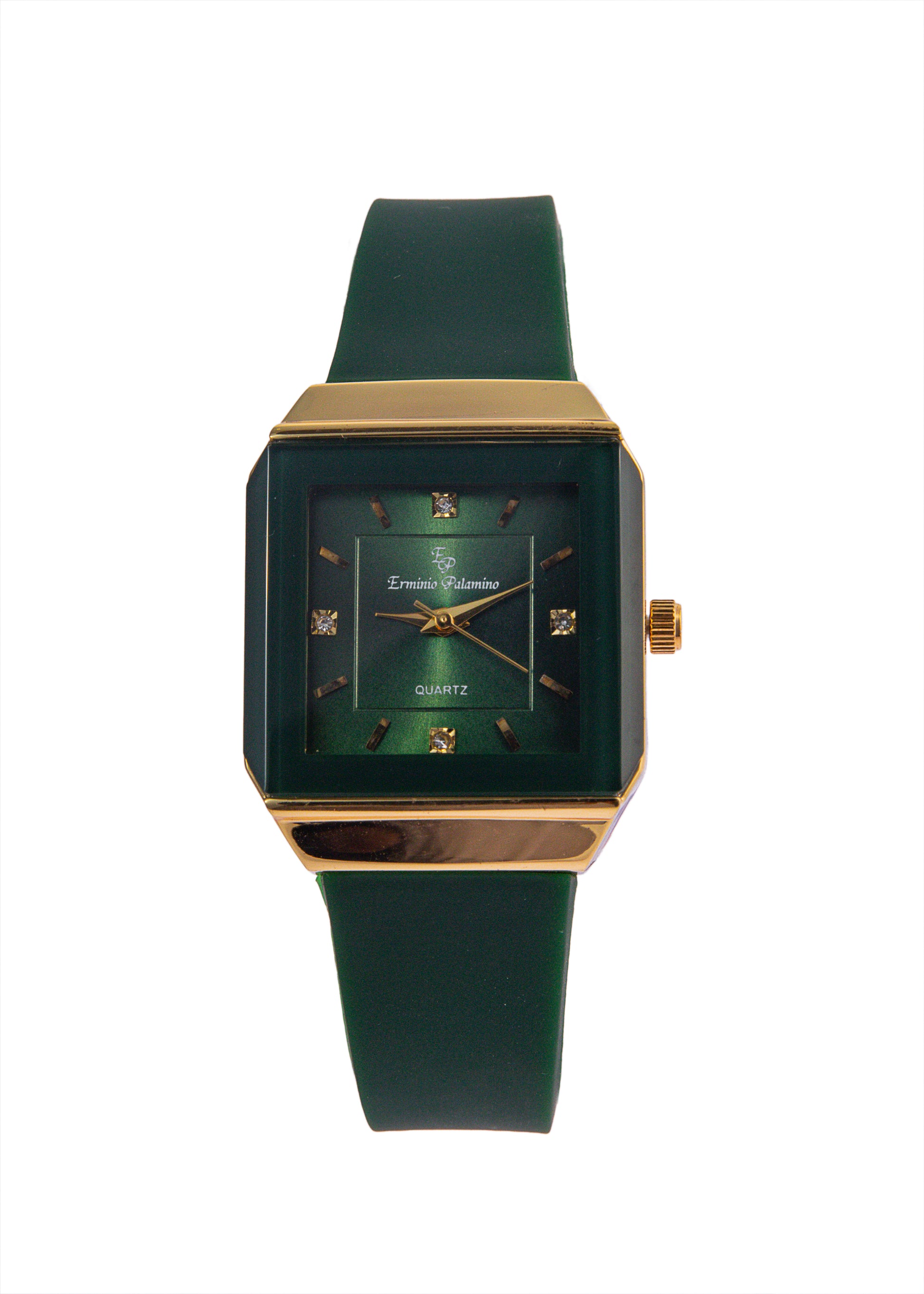 Erminio Palamino Ladies Elegant Square Quartz Watch, Slicone Band, Gold-Tone Case, Crystal Accents, Water Resistant