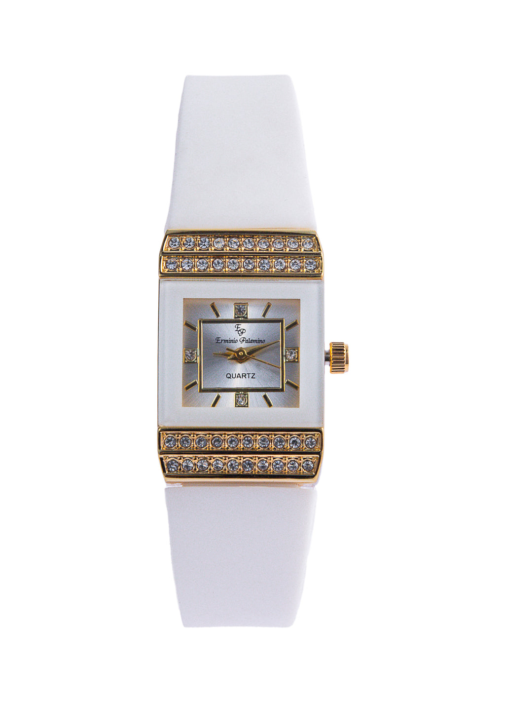 Erminio Palamino Ladies Luxury Quartz Watch, Gold-Tone Crystal Embellished, Vintage Square, Silicone Strap, Water Resistant