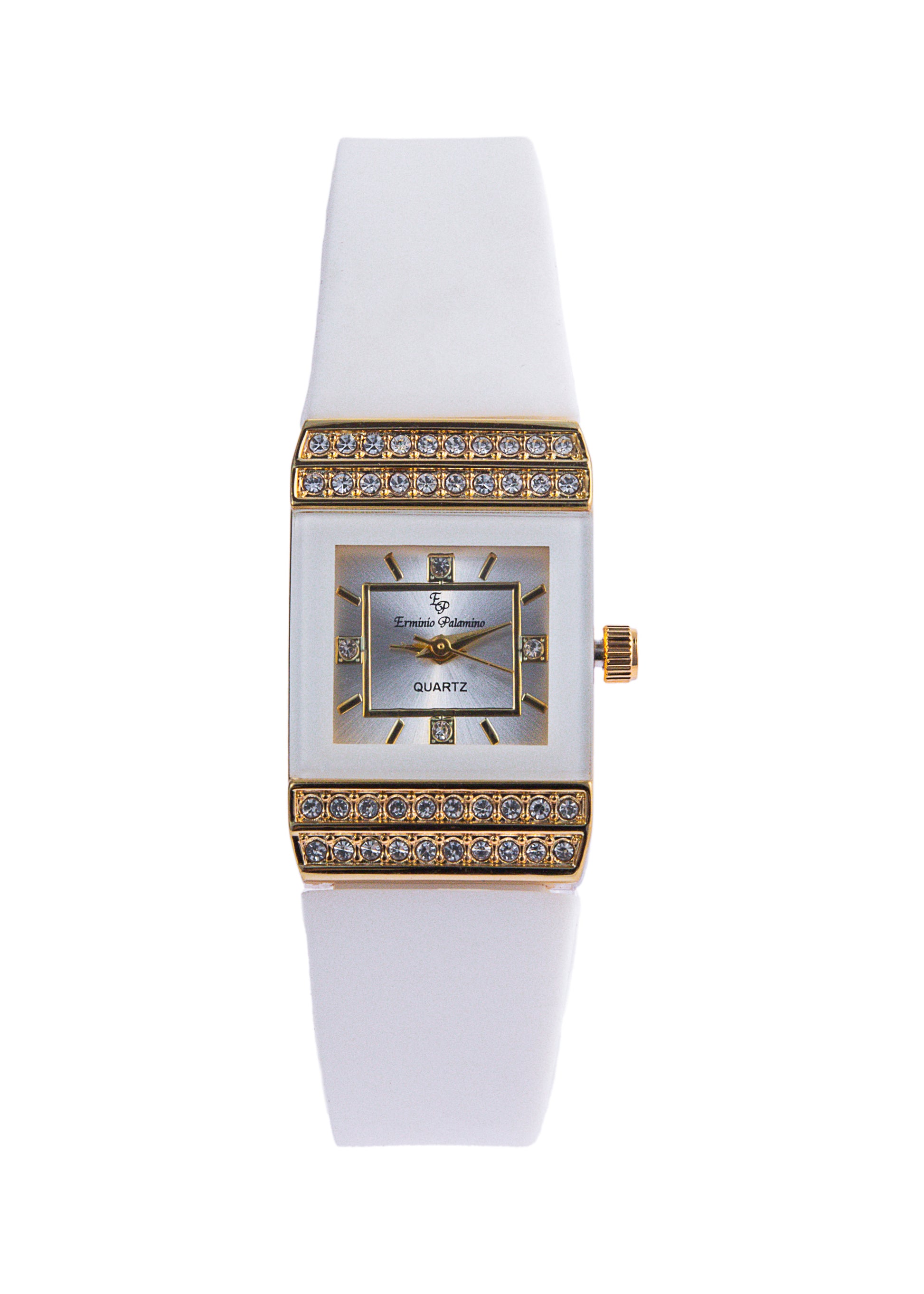 Erminio Palamino Ladies Luxury Quartz Watch, Gold-Tone Crystal Embellished, Vintage Square, Silicone Strap, Water Resistant
