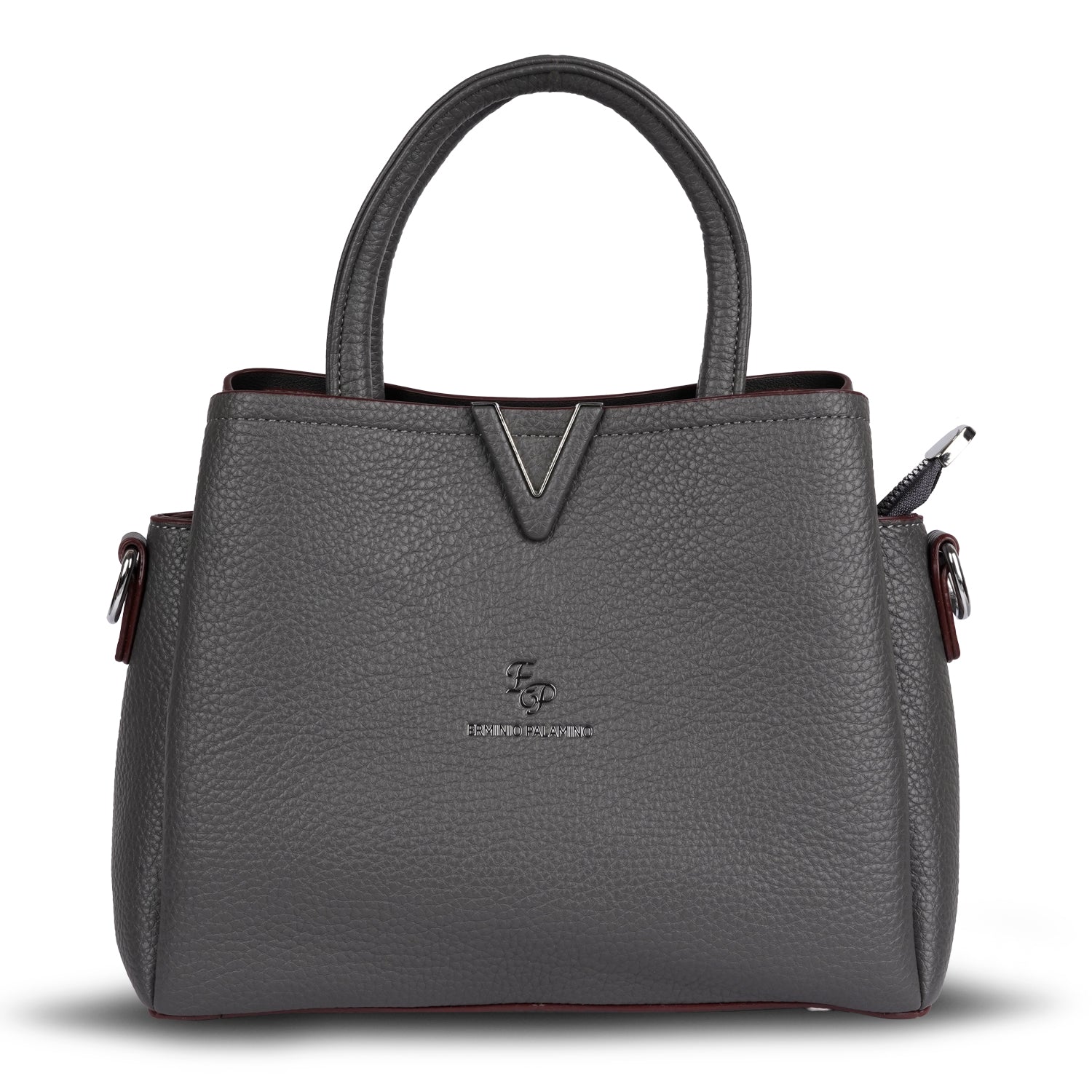 Erminio Palamino Premium Leather Handbag, Textured Tote with V-Detail, Double Handle Shoulder Bag with Zip Closure