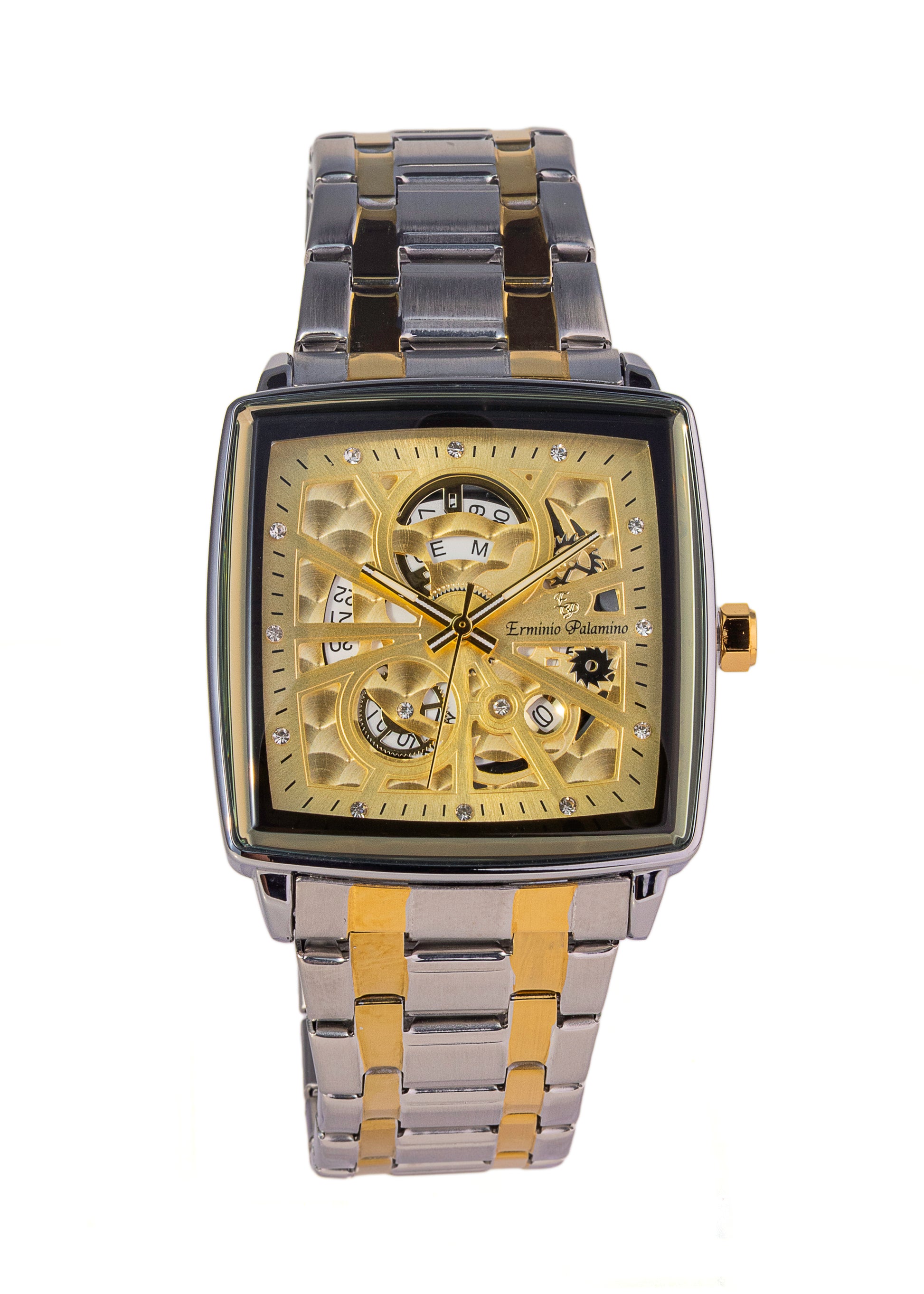 Erminio Palamino Royale - Luxury Skeleton Dial Quartz Square Men's Watch with Day-Date Display Stainless Steel Band, Water Resistant