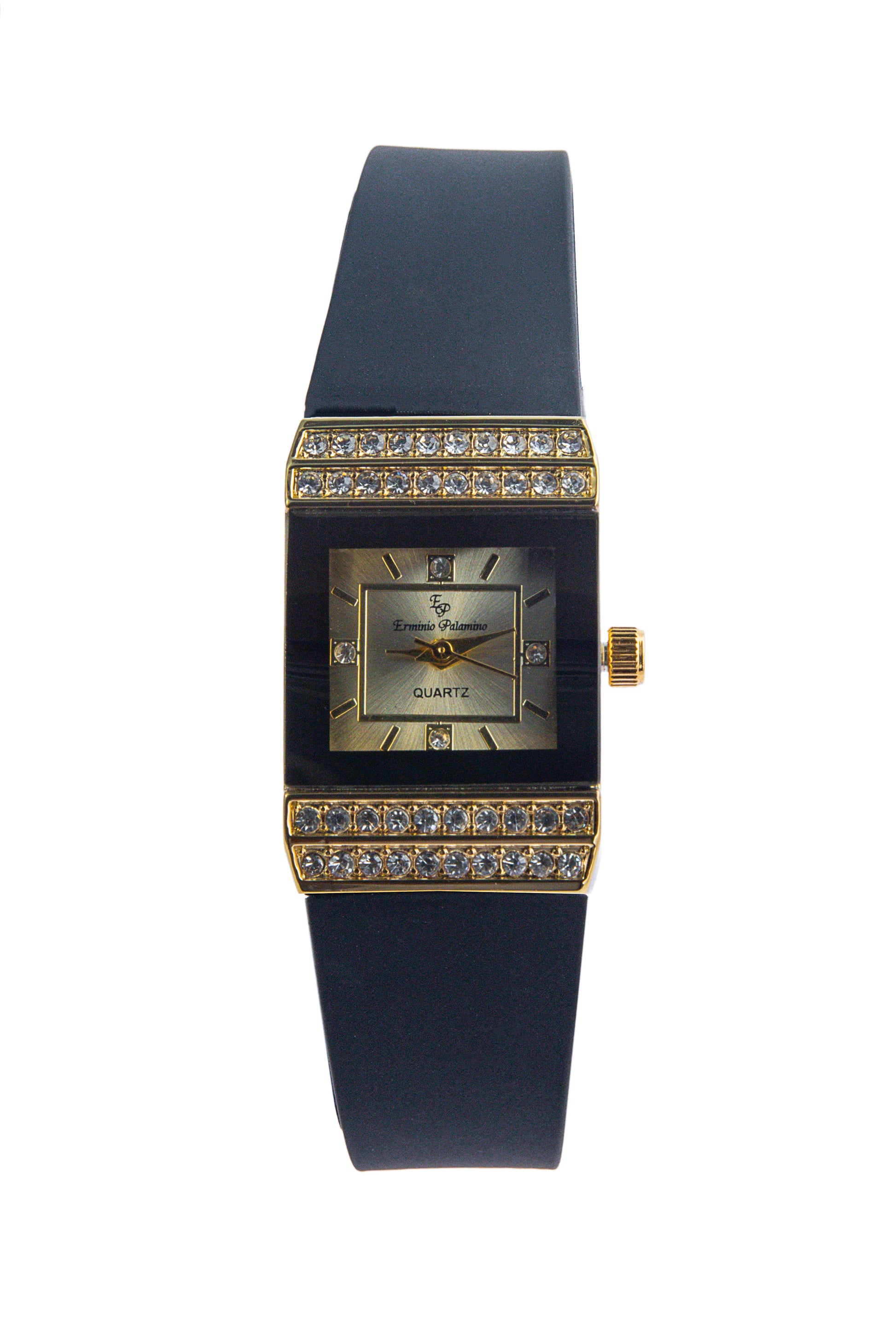 Erminio Palamino Ladies Luxury Quartz Watch, Gold-Tone Crystal Embellished, Vintage Square, Silicone Strap, Water Resistant