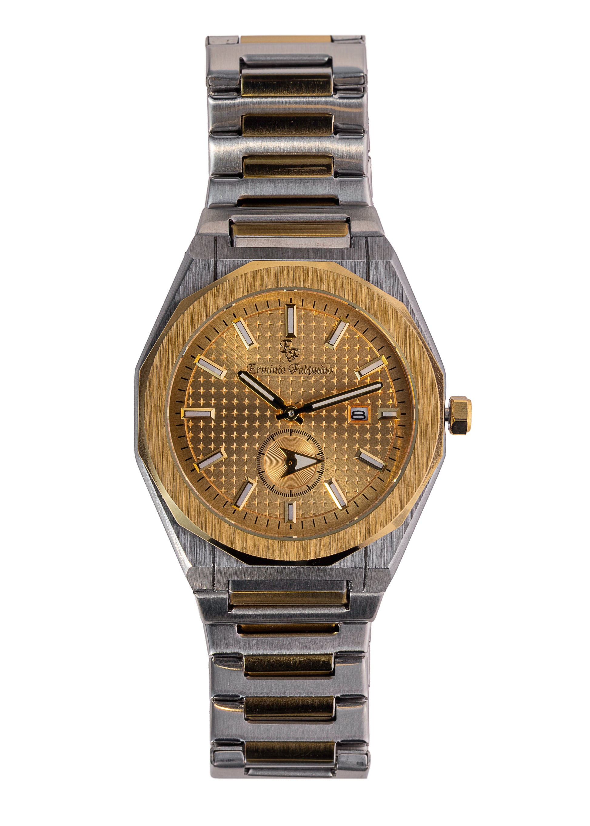 Erminio Palamino Royale Men's Luxury Watch, Two-Tone Gold and Silver, Textured Dial with Date Display, Water Resistant