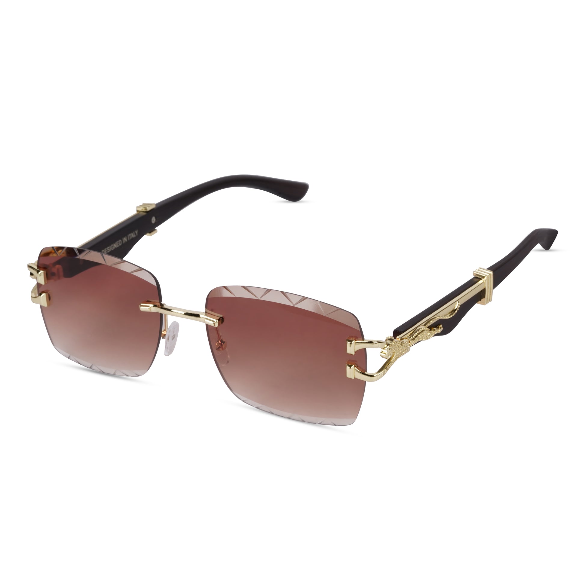 Erminio Palamino "Elite Designer Rimless Sunglasses with Gold Accents, Black Frame, Dark Lenses, Luxury Case