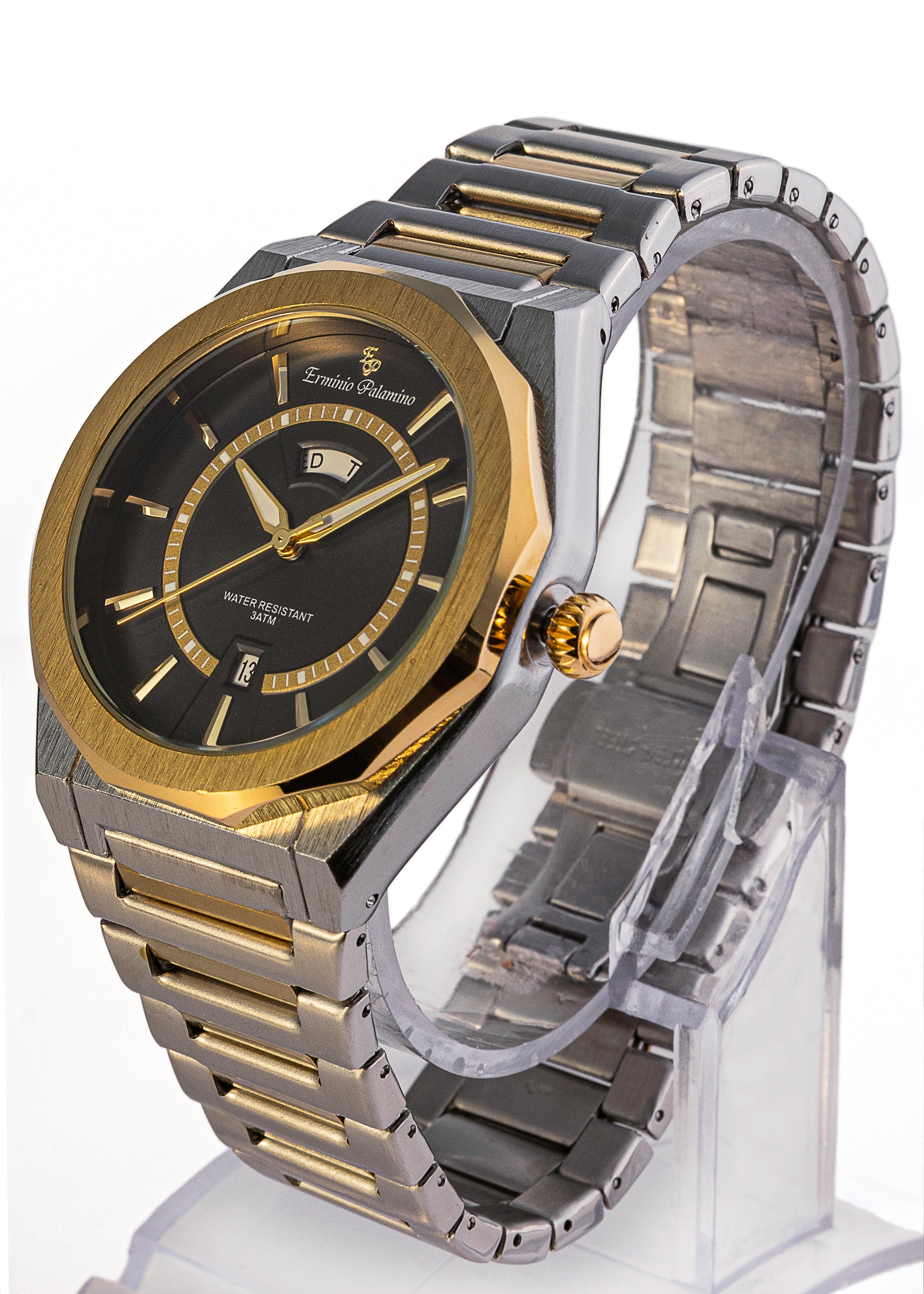 Erminio Palamino Royale Men's Luxury Watch, Two-Tone Gold and Silver, Textured Dial with Date Display, Water Resistant