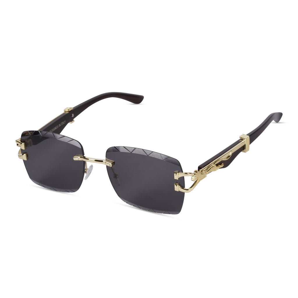 Erminio Palamino "Elite Designer Rimless Sunglasses with Gold Accents, Black Frame, Dark Lenses, Luxury Case