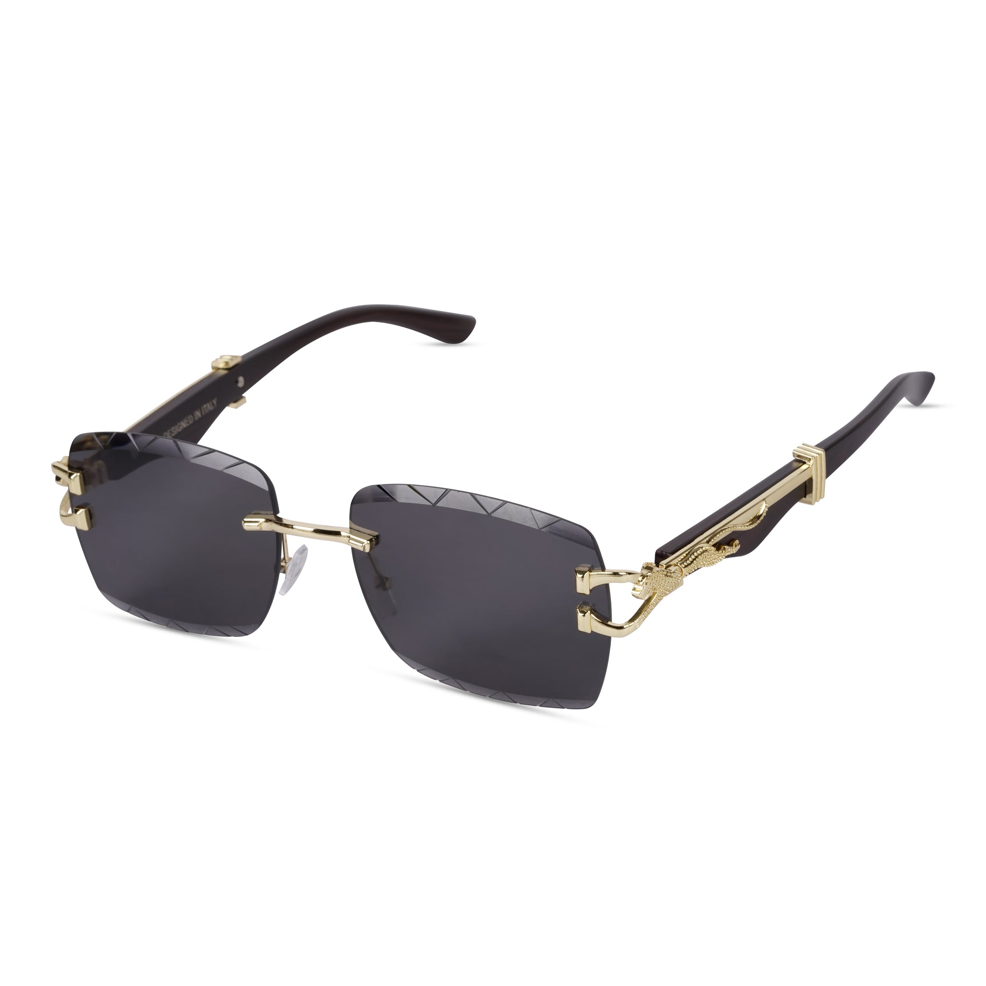 Erminio Palamino "Elite Designer Rimless Sunglasses with Gold Accents, Black Frame, Dark Lenses, Luxury Case
