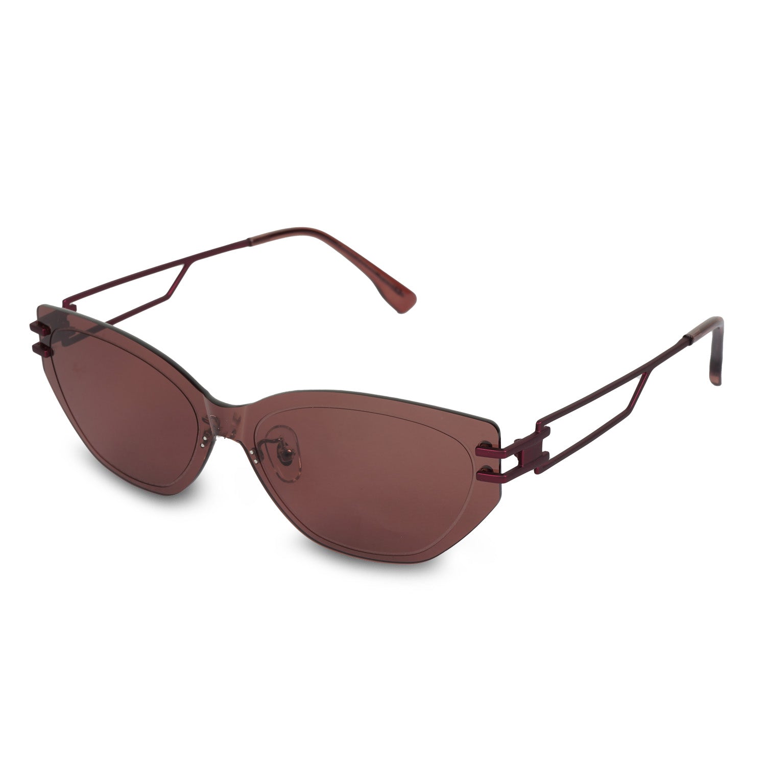 Erminio Palamino Unisex Rimless Cat-Eye Sunglasses, Brown Tinted Lens, Burgundy Metal Frame, Geometric Temple Design