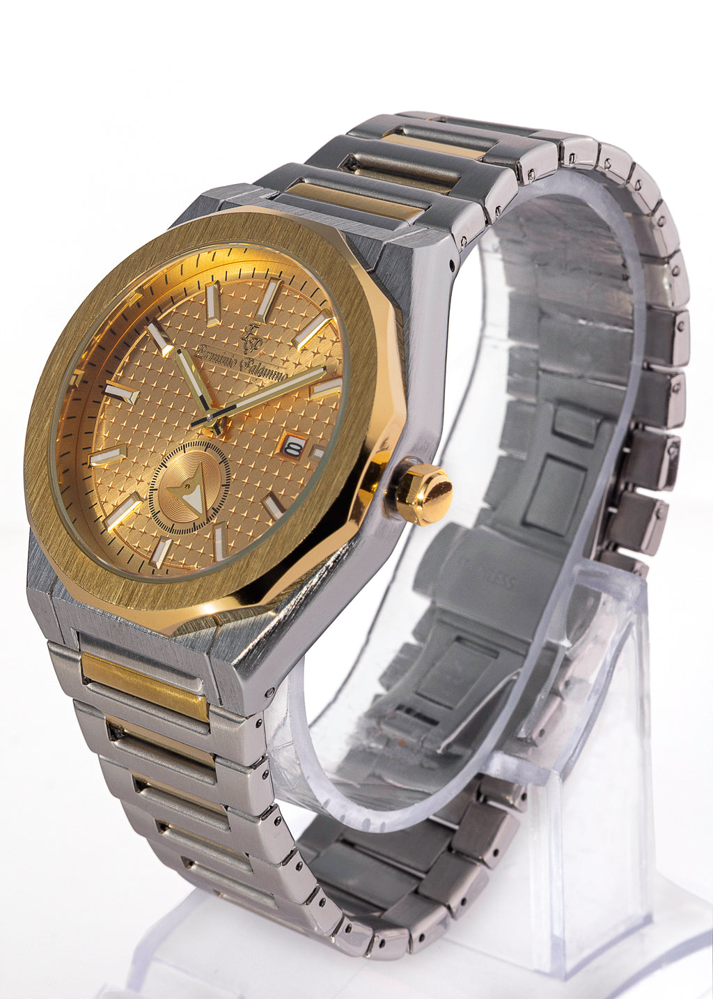Erminio Palamino Royale Men's Luxury Watch, Two-Tone Gold and Silver, Textured Dial with Date Display, Water Resistant