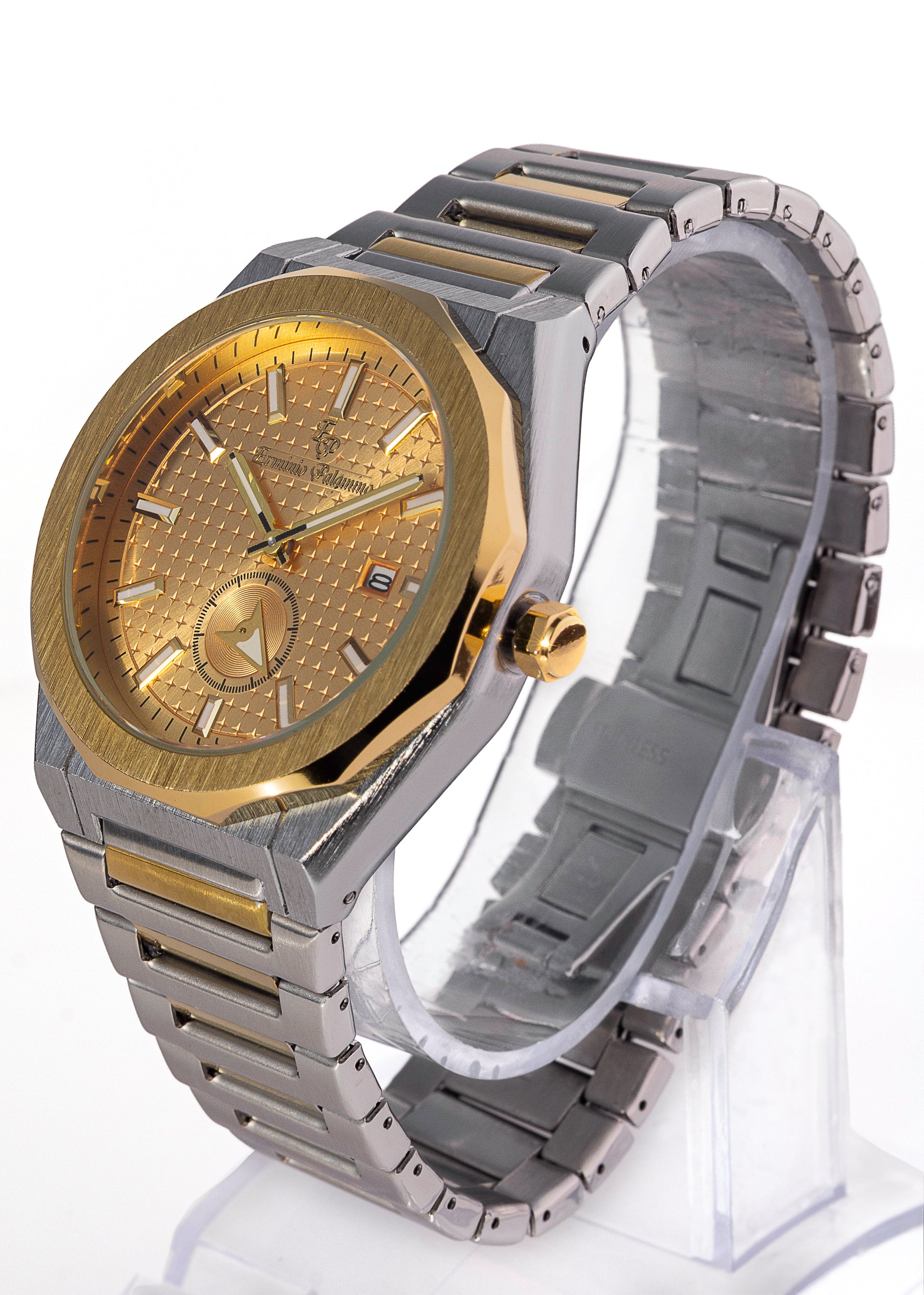 Erminio Palamino Royale Men's Luxury Watch, Two-Tone Gold and Silver, Textured Dial with Date Display, Water Resistant