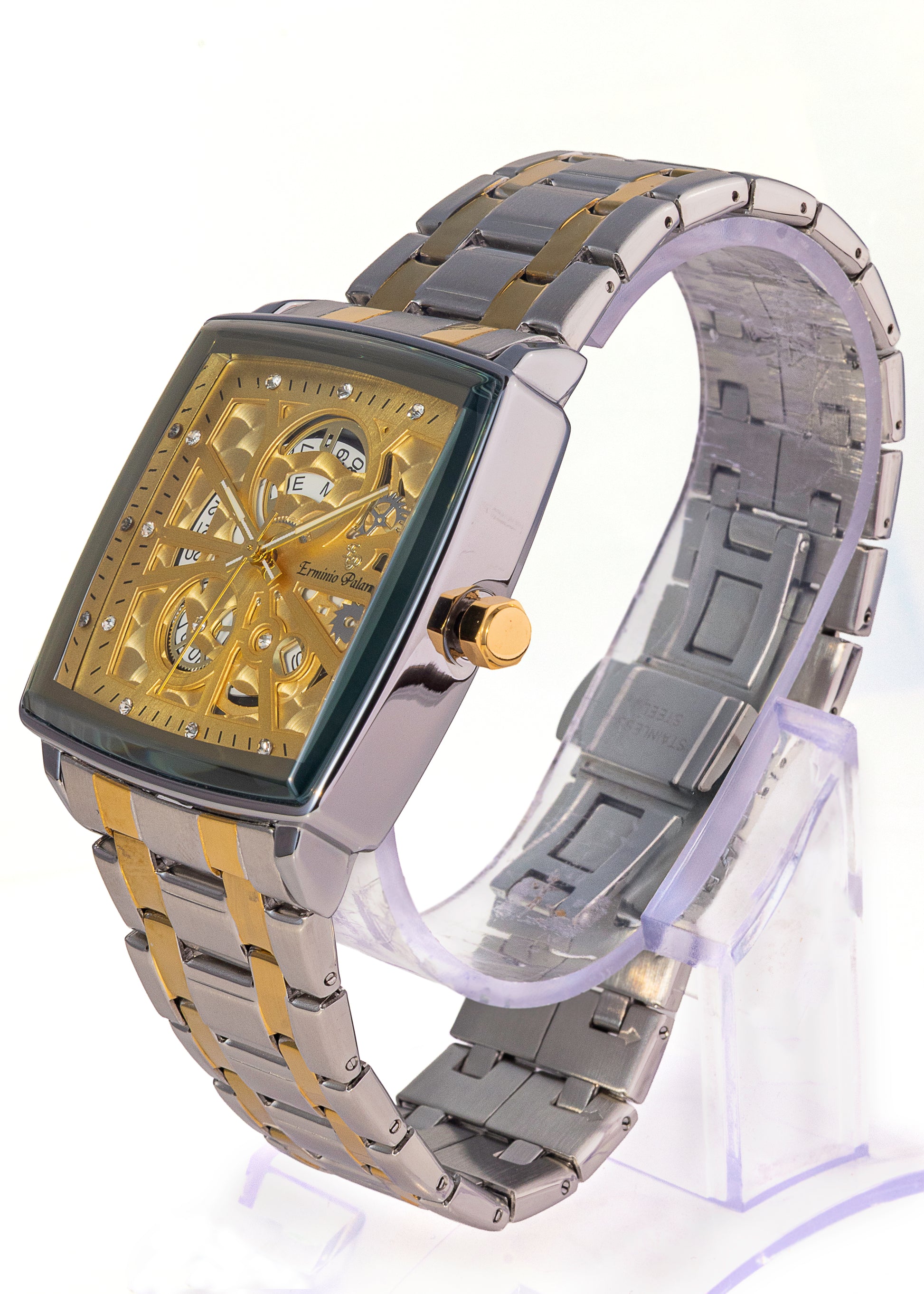 Erminio Palamino Royale - Luxury Skeleton Dial Quartz Square Men's Watch with Day-Date Display Stainless Steel Band, Water Resistant