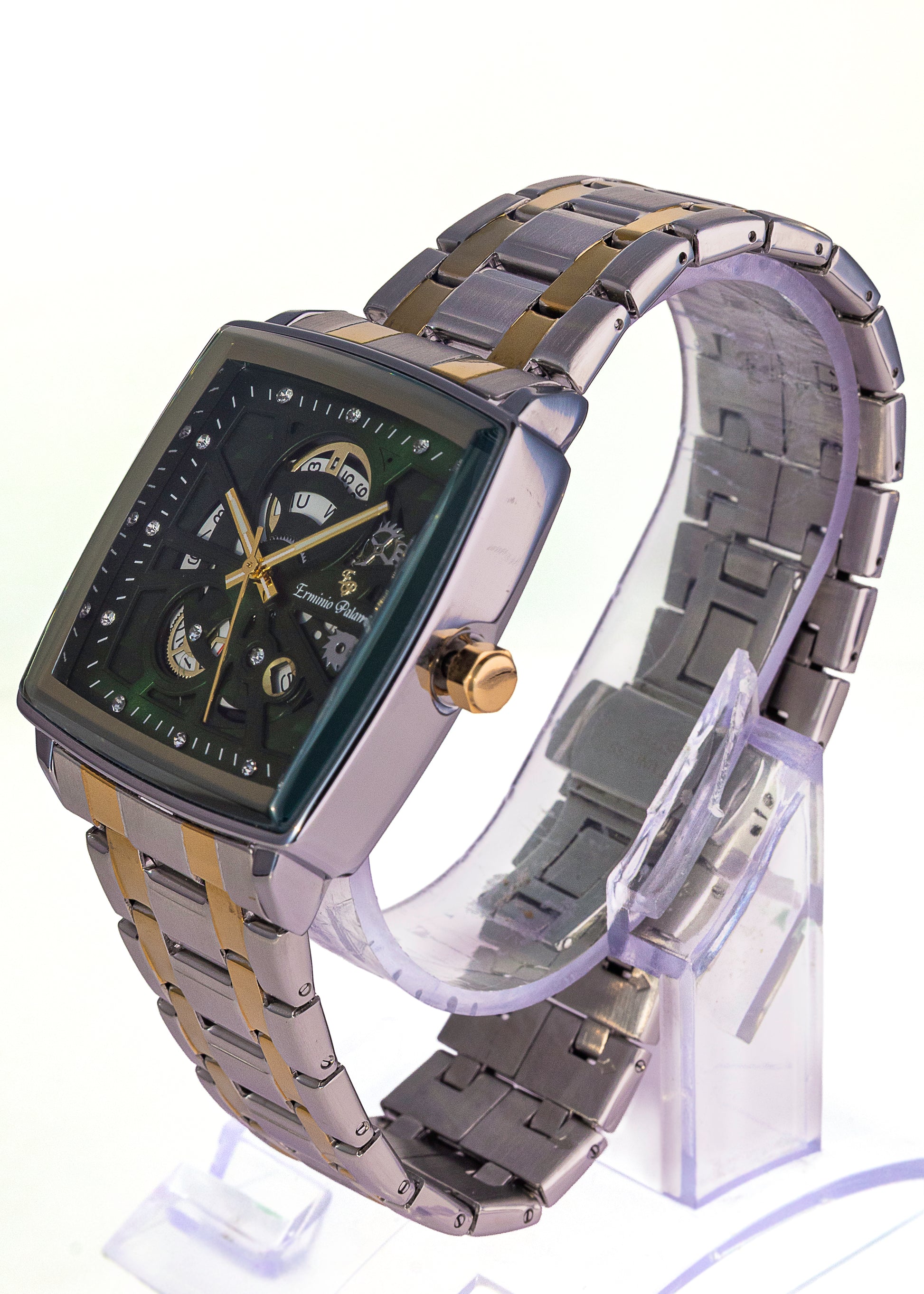 Erminio Palamino Royale - Luxury Skeleton Dial Quartz Square Men's Watch with Day-Date Display Stainless Steel Band, Water Resistant