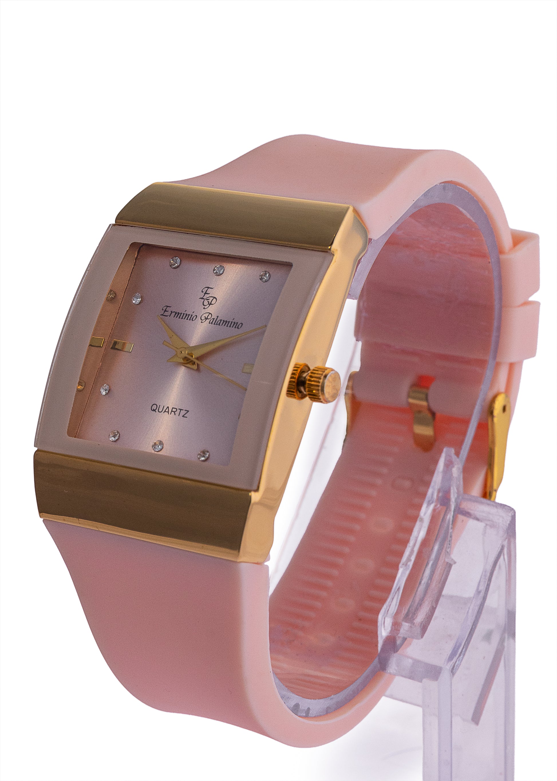 Erminio Palamino Ladies Rectagle Quartz Watch, Silicone Band, Gold-Tone Accents, Crystal Markers, Water Resistant