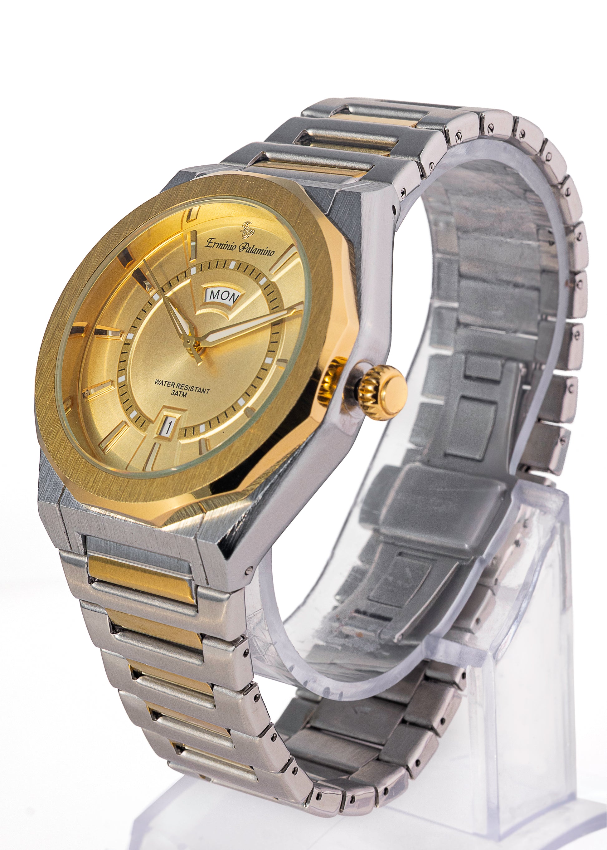 Erminio Palamino Royale Men's Luxury Watch, Two-Tone Gold and Silver, Textured Dial with Date Display, Water Resistant