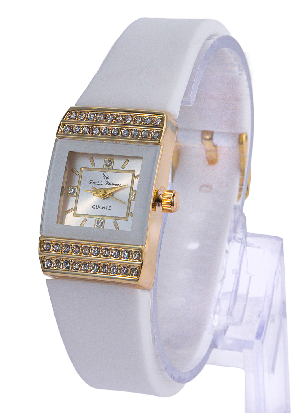 Erminio Palamino Ladies Luxury Quartz Watch, Gold-Tone Crystal Embellished, Vintage Square, Silicone Strap, Water Resistant