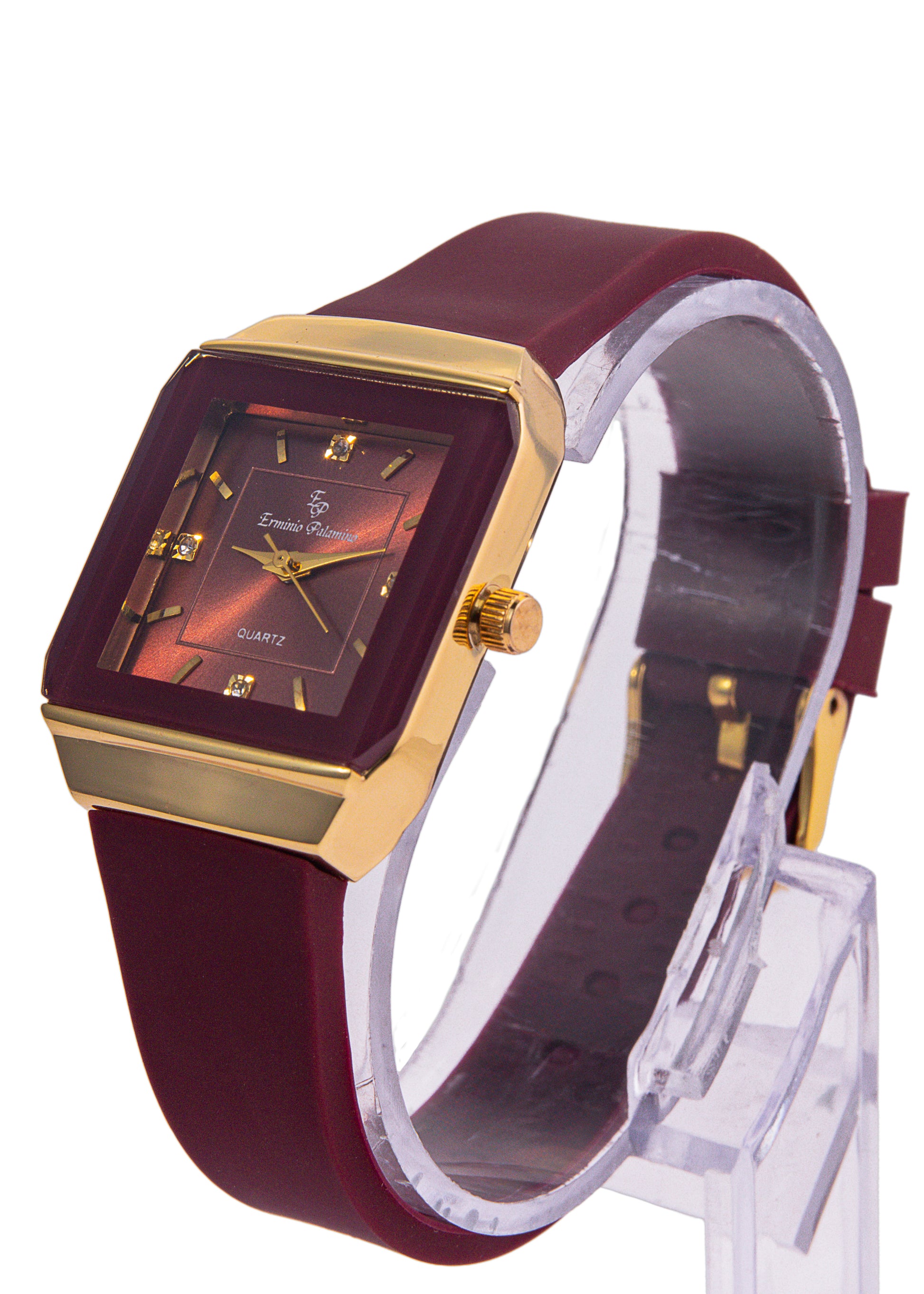Erminio Palamino Ladies Elegant Square Quartz Watch, Slicone Band, Gold-Tone Case, Crystal Accents, Water Resistant