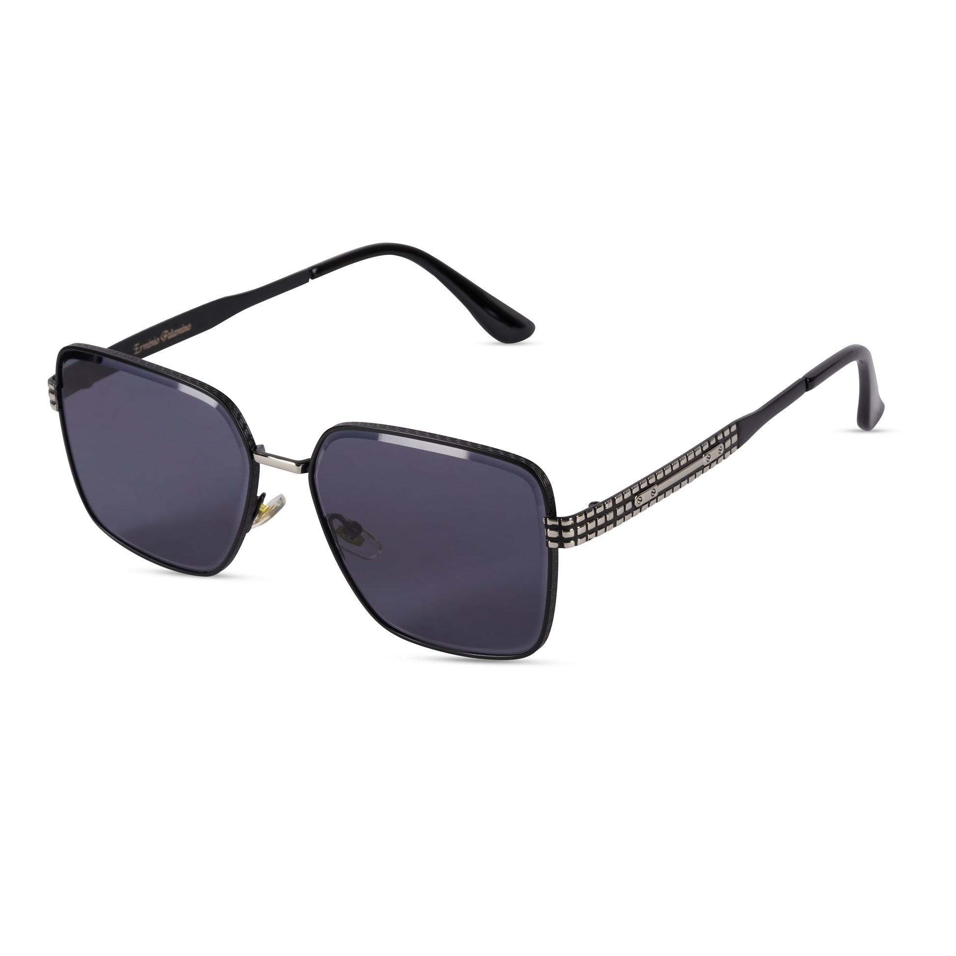 Erminio Palamino "Elite Designer Sunglasses, Square Frame, Black Metal Arms with Decorative Detail, Dark Lens