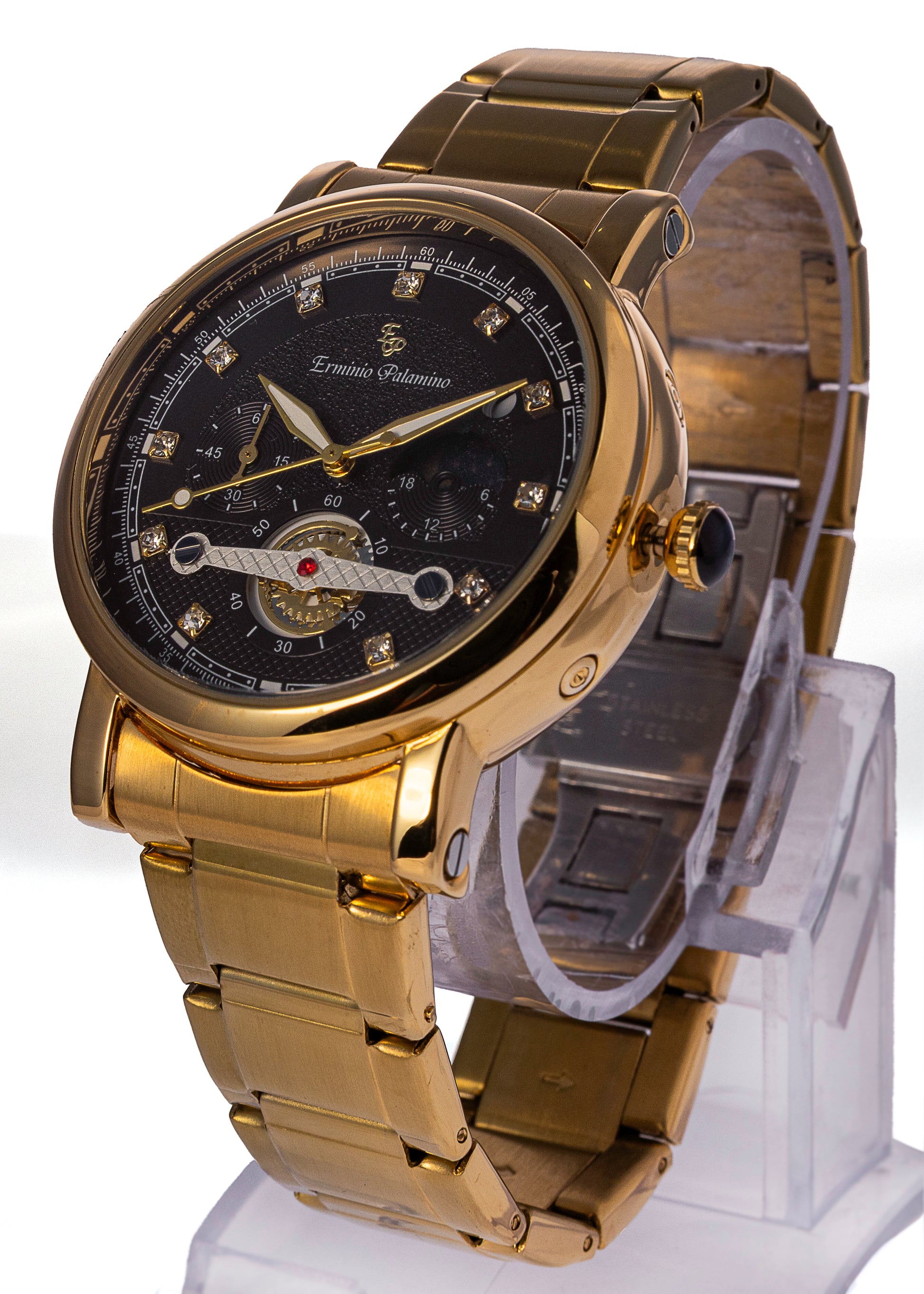 Erminio Palamino Gold-Tone Luxury Watch, Quartz Movement, Dial with Diamond Markers, Stainless Steel Band, Water Resistant